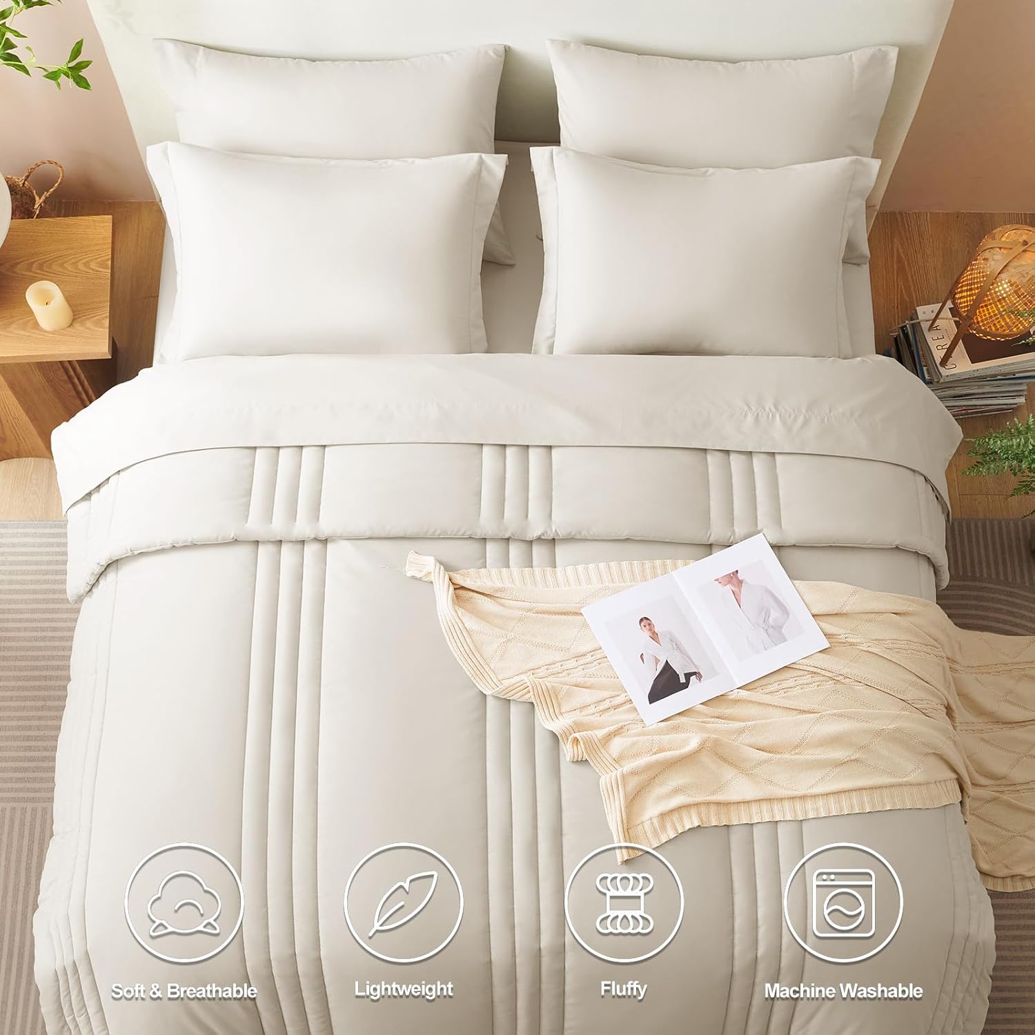 CozyLux Full Size Comforter Sets - 7 Pieces Bed in a Bag Beige Comforters Full Size Bed Set, Soft Bedding Set with All Seasons Comforter, Sheets, Pillowcases & Shams