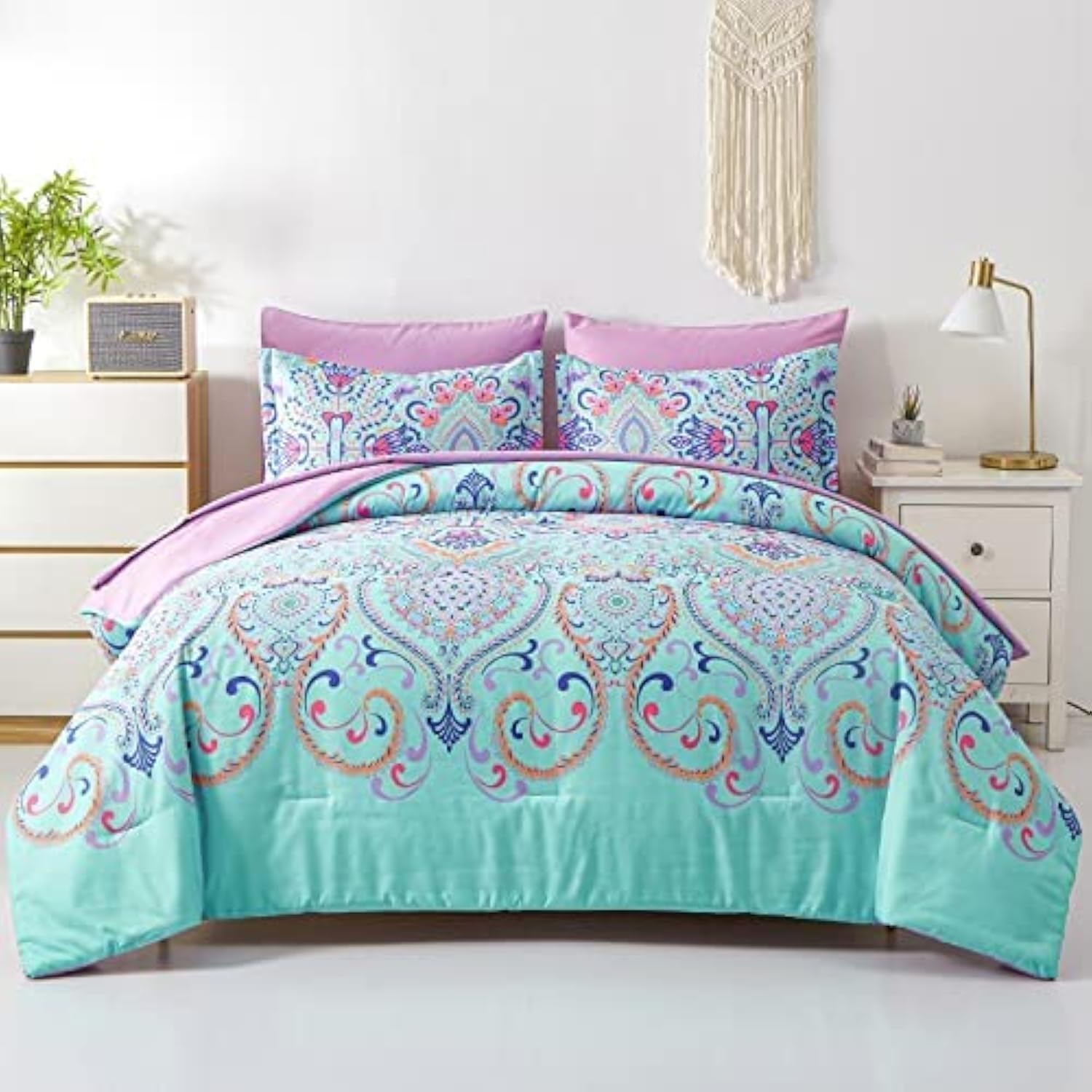 Boho Comforter Set Queen - 7 Pieces Bed in a Bag Floral Medallions Design, Bohemian Comforter Set with Sheets, Soft Microfiber Complete Bedding Sets All Season (Teal Blue, Queen)
