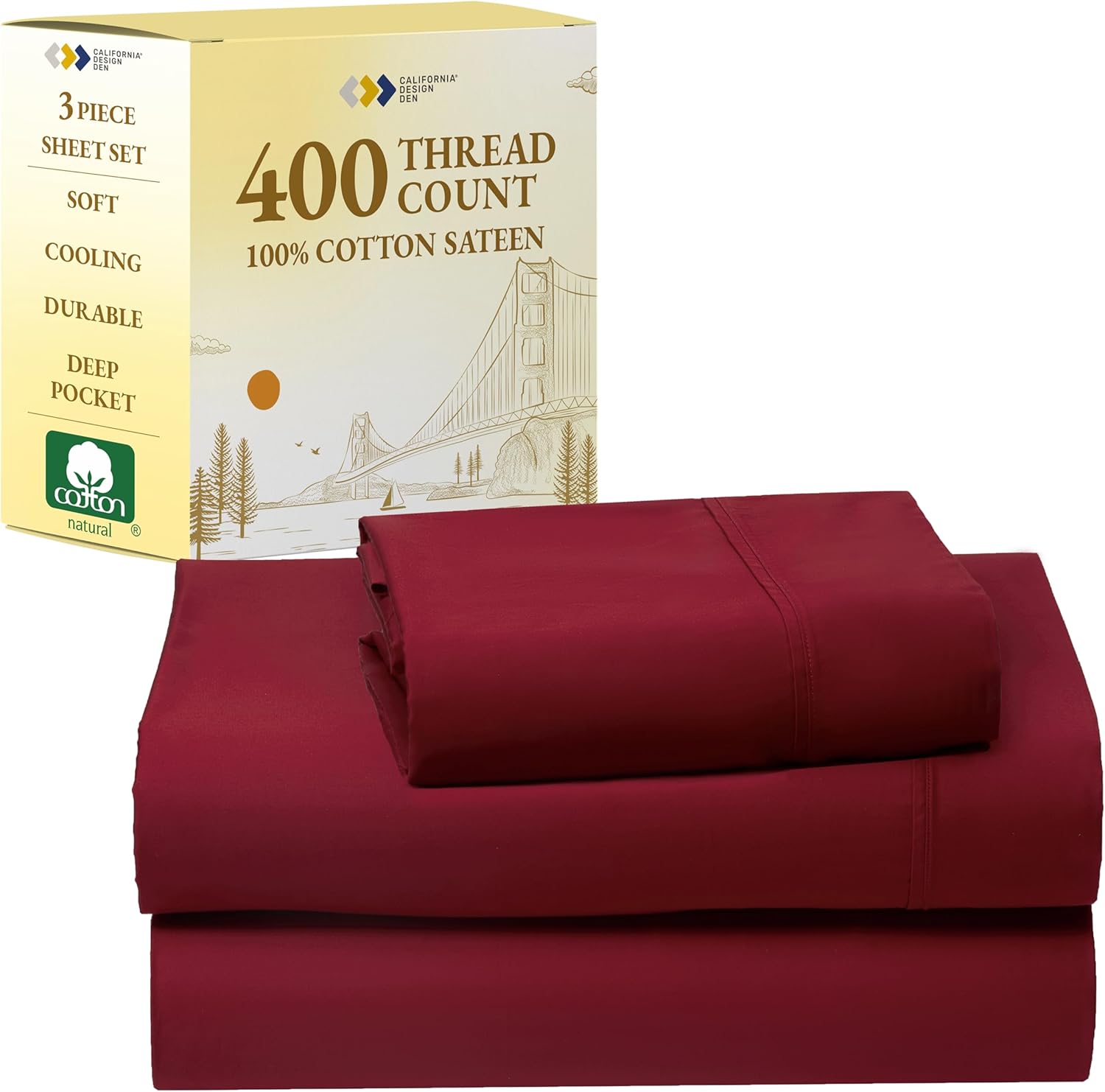 California Design Den King Size Sheets Set - Soft 400 Thread Count Sateen, Natural 100% Cotton Sheets King Size, Deep Pockets with All Around Elastic for a Snug Fit, Cool & Durable Bedding - White