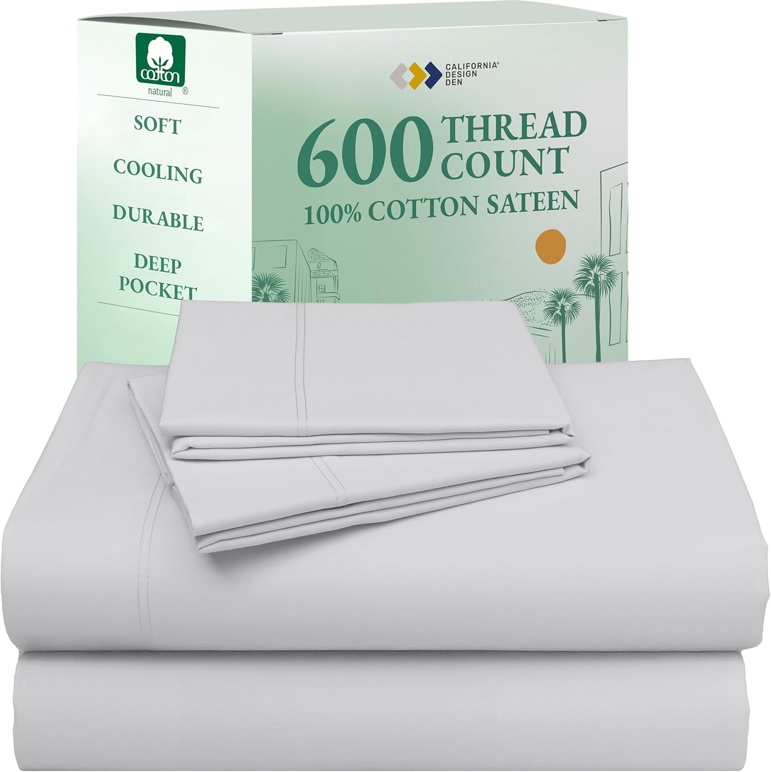 California Design Den Queen Sheet Set - Luxury 600 Thread Count Sateen, 100% Cotton Deep Pocket Queen Sheets with All Around Elastic, Snug Fit, Hotel Quality Bedding Set - White