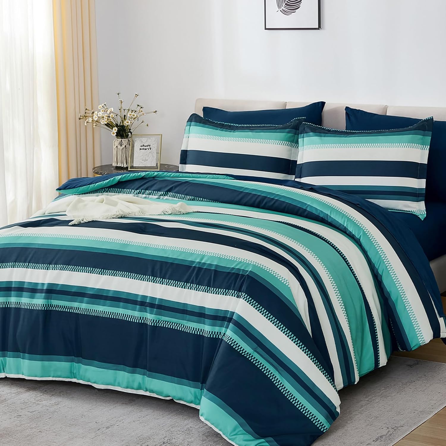 WONGS BEDDING Queen Comforter Set, 7 Pieces Blue Comforter Set Queen, Soft Striped Bed in a Bag Bedding Set with Comforter, Flat Sheet, Fitted Sheet, Pillow Shams, Pillowcase