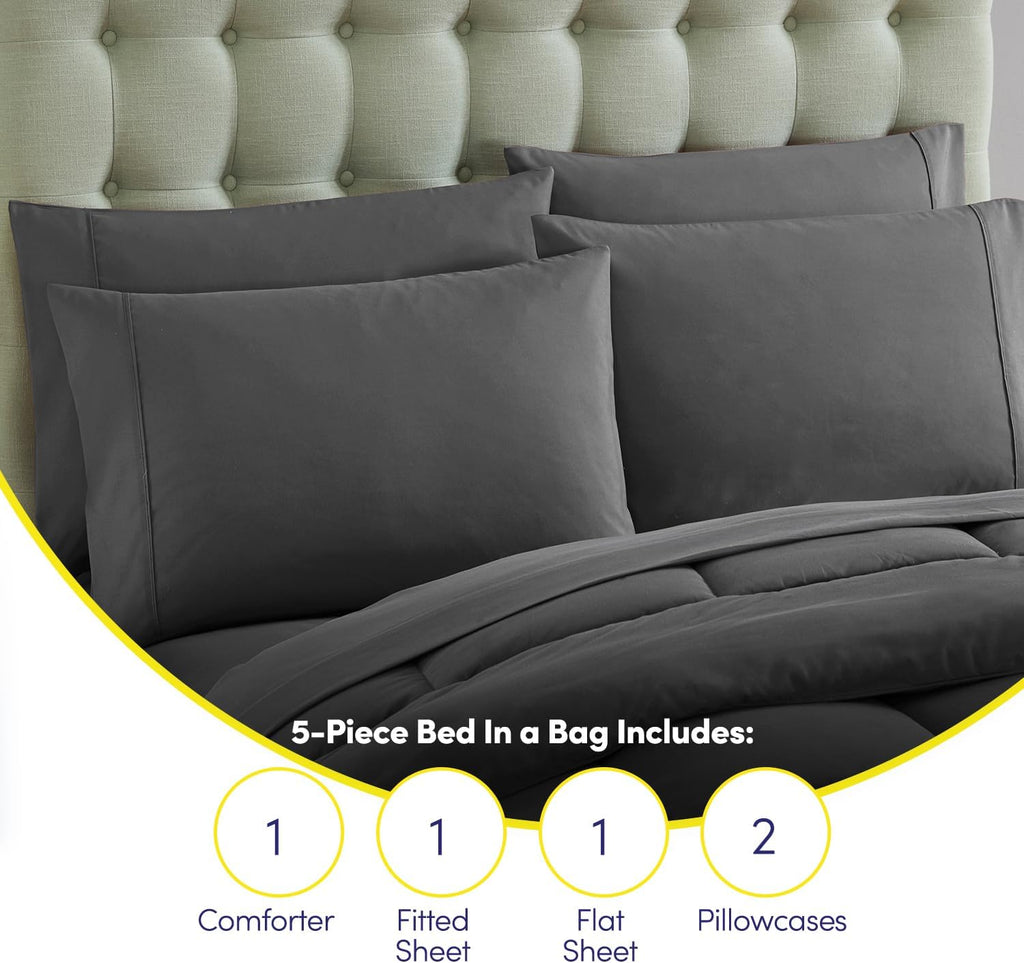 Sweet Home Collection 5 Piece Comforter Set Bag Solid Color All Season Soft Down Alternative Blanket & Luxurious Microfiber Bed Sheets, Gray, Twin