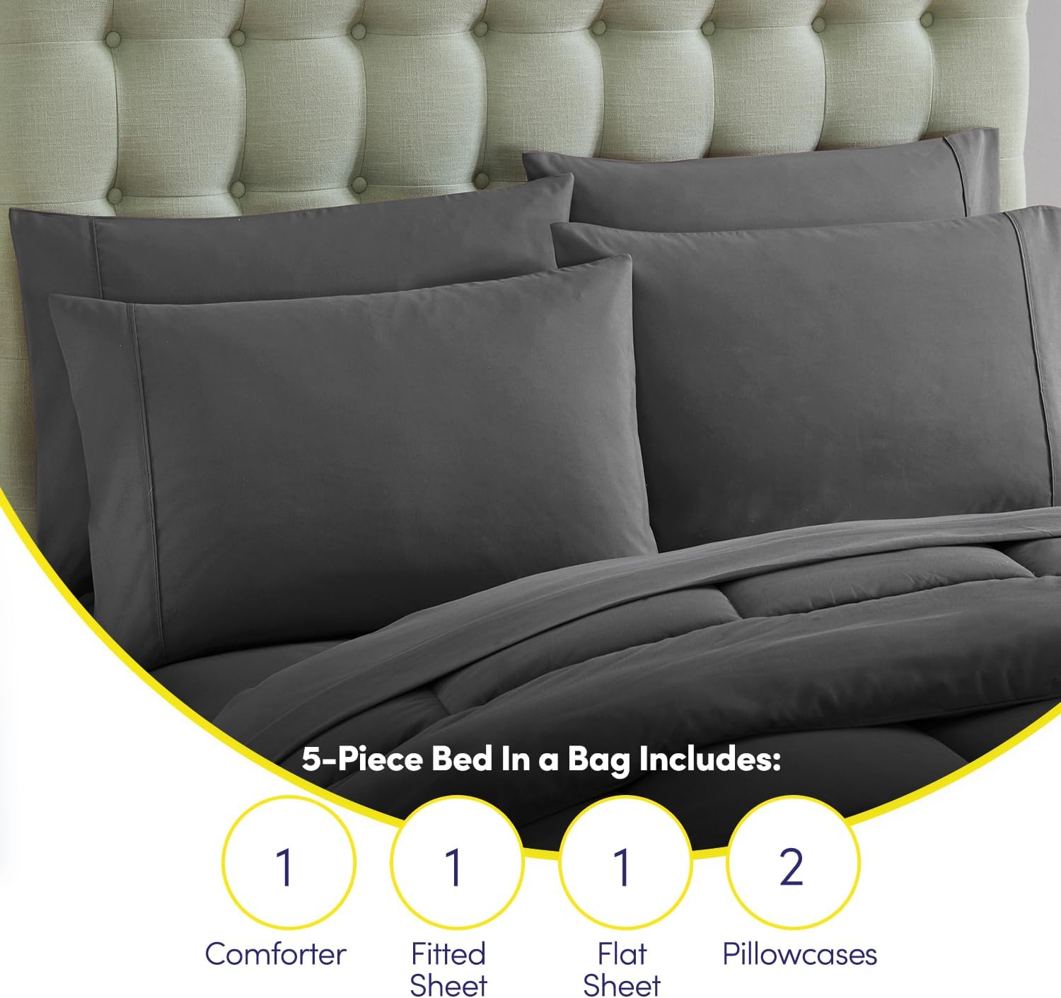 Sweet Home Collection 5 Piece Comforter Set Bag Solid Color All Season Soft Down Alternative Blanket & Luxurious Microfiber Bed Sheets, Gray, Twin