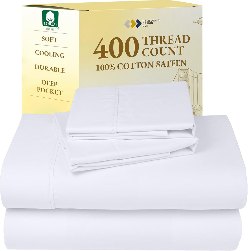 California Design Den King Size Sheets Set - Soft 400 Thread Count Sateen, Natural 100% Cotton Sheets King Size, Deep Pockets with All Around Elastic for a Snug Fit, Cool & Durable Bedding - White