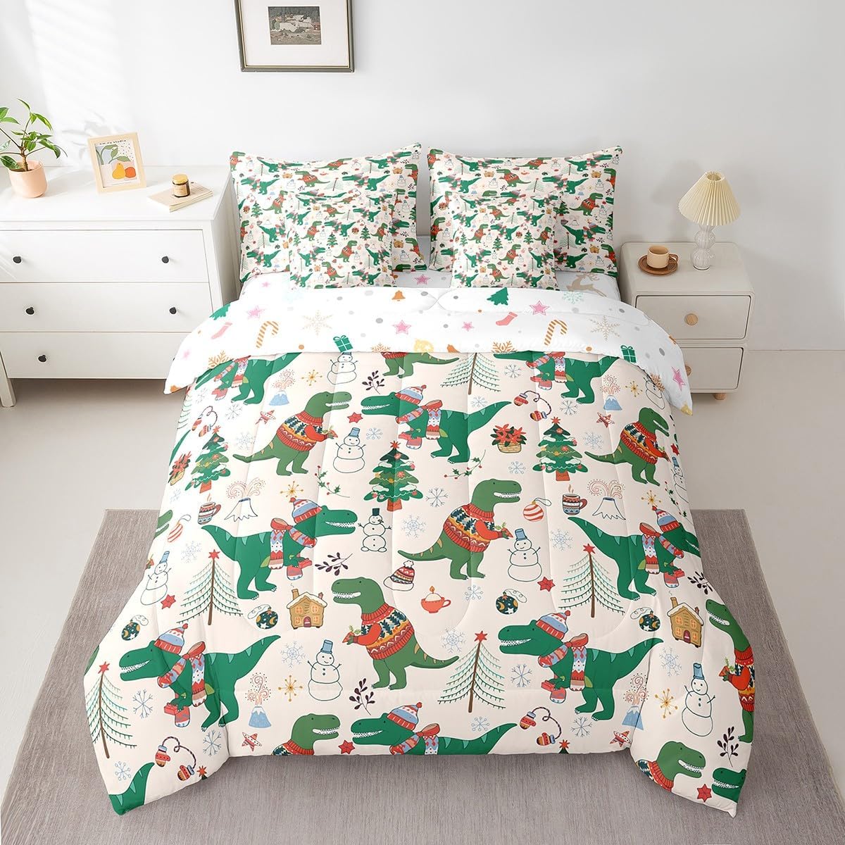 Pink Christmas 7 Piece Bedding Set Full Size Merry Christmas Snowman Bed in a Bag for Boys Girls Bedroom Decor Santa Claus Comforter Set with Sheets,Pillowcases & Cushion Cover Soft Xmas Tree Deer