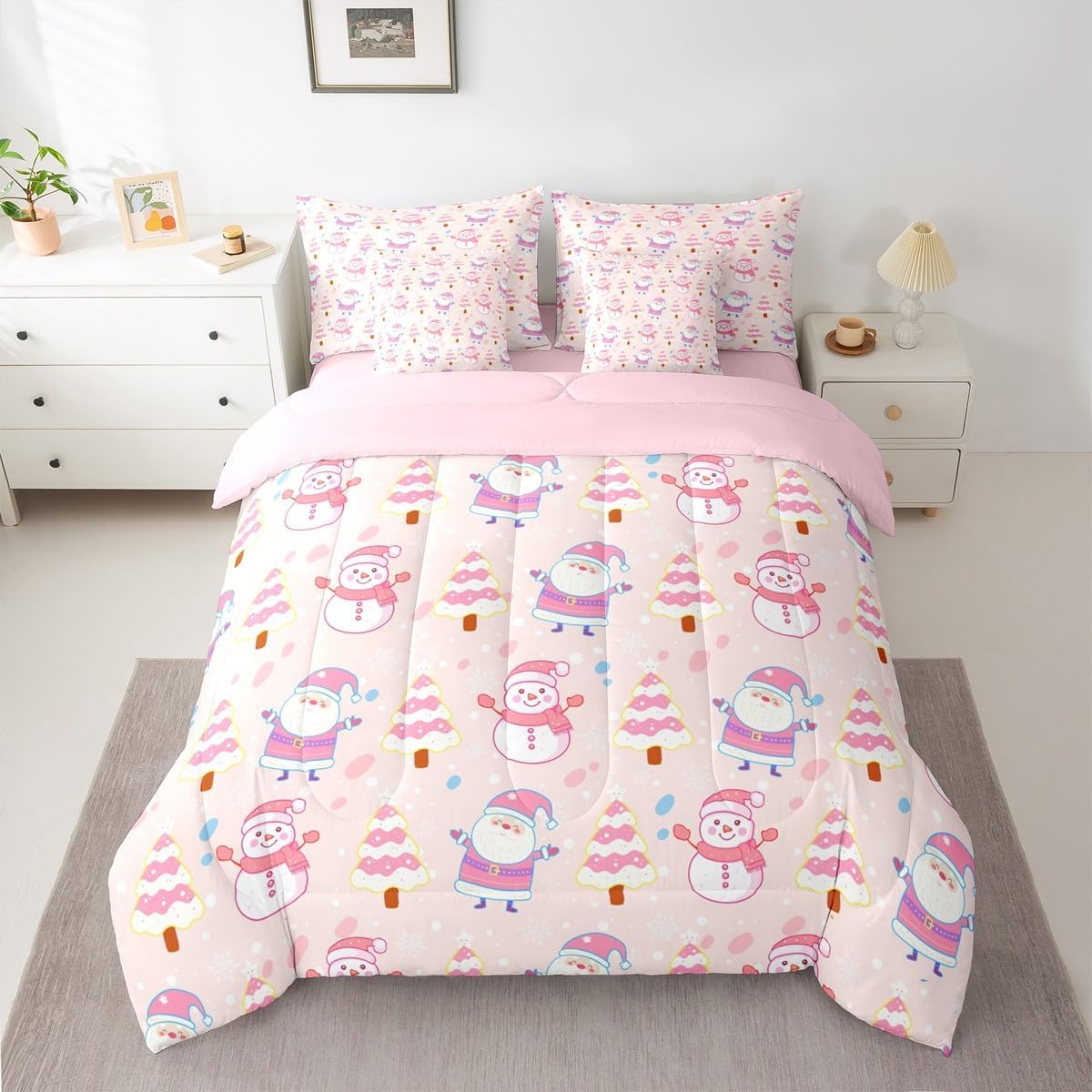 Pink Christmas 7 Piece Bedding Set Full Size Merry Christmas Snowman Bed in a Bag for Boys Girls Bedroom Decor Santa Claus Comforter Set with Sheets,Pillowcases & Cushion Cover Soft Xmas Tree Deer