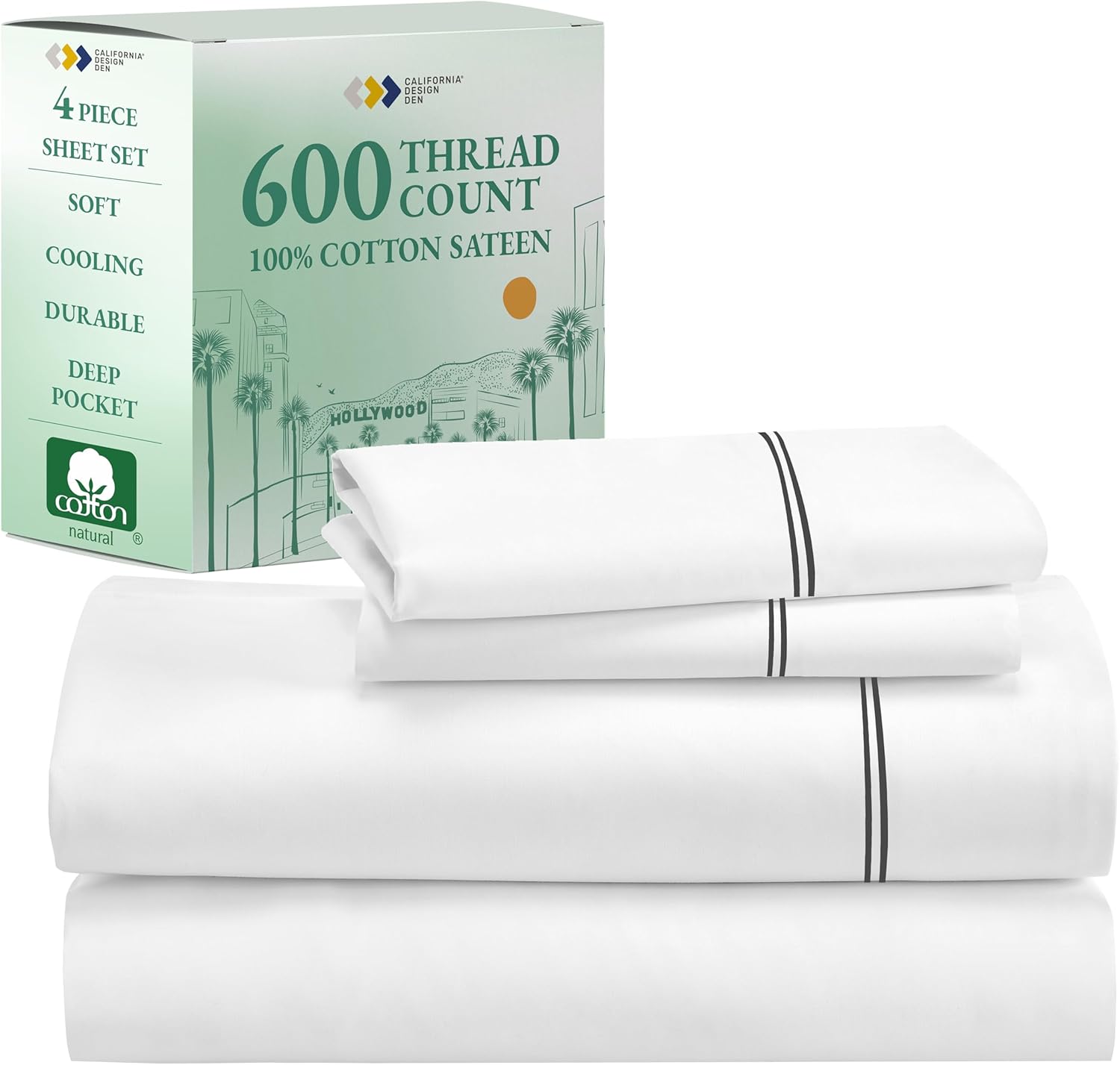 California Design Den Queen Sheet Set - Luxury 600 Thread Count Sateen, 100% Cotton Deep Pocket Queen Sheets with All Around Elastic, Snug Fit, Hotel Quality Bedding Set - White