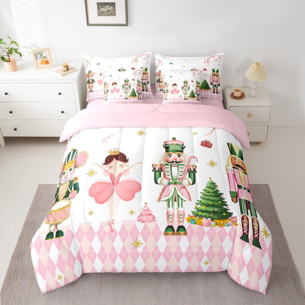 Pink Christmas 7 Piece Bedding Set Full Size Merry Christmas Snowman Bed in a Bag for Boys Girls Bedroom Decor Santa Claus Comforter Set with Sheets,Pillowcases & Cushion Cover Soft Xmas Tree Deer