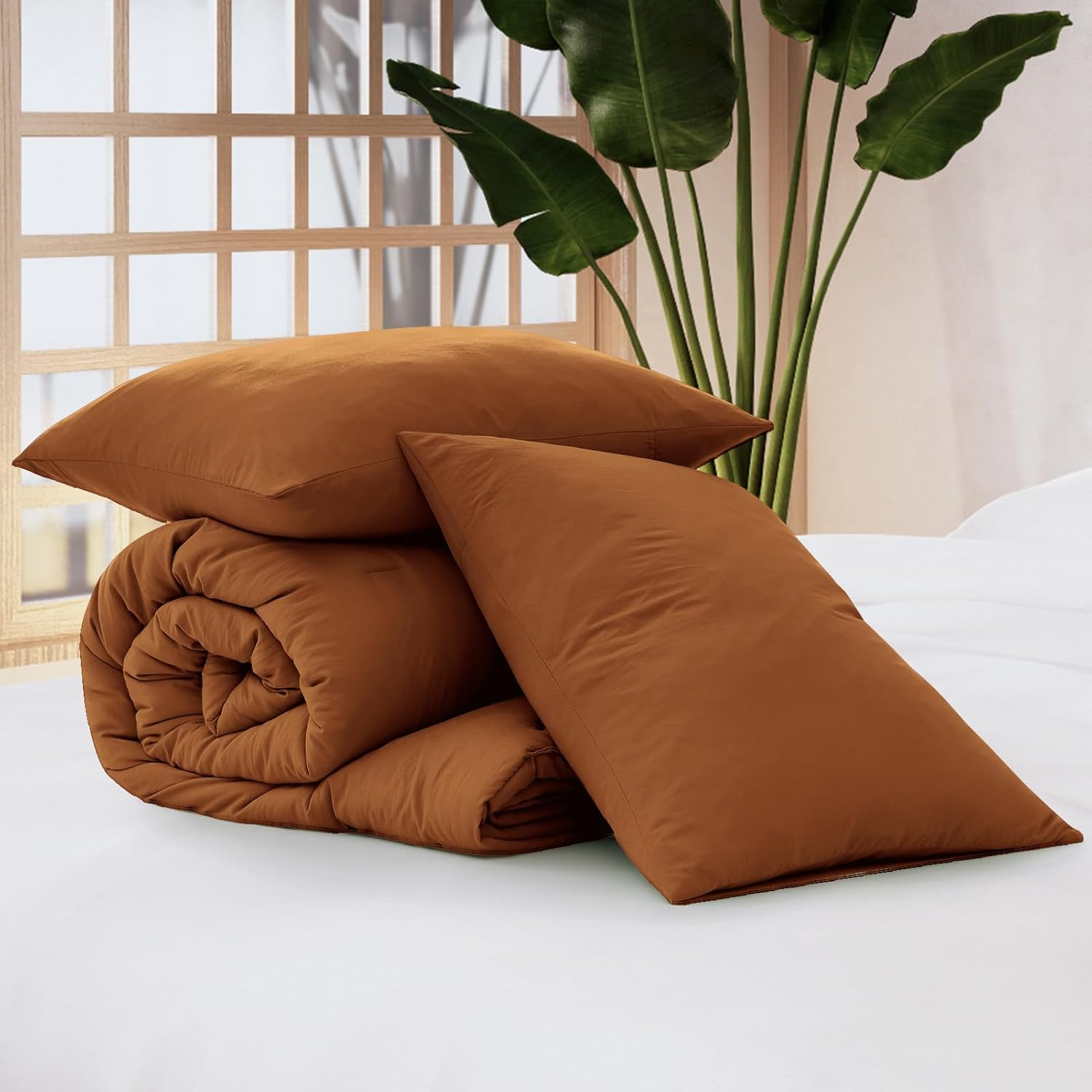 WRENSONGE King Size Comforter Set - 3 Pieces Prewashed Burnt Orange Soft Lightweight Bedding for All Seasons,Fluffy Down Alternative Comforter King Size with 2 Pillow Shams