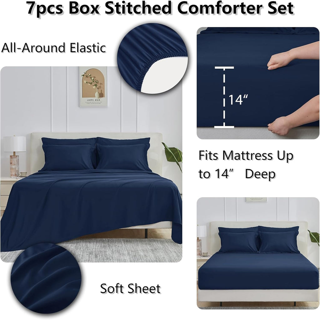 CozyLux Navy Blue Queen Comforter Set with Sheets - 7 Pieces Bed in a Bag Queen Bedding Sets, All Season Soft 7PC Bed Set with Navy Comforter, Flat Sheet, Fitted Sheet, Pillowcases & Pillow Shams