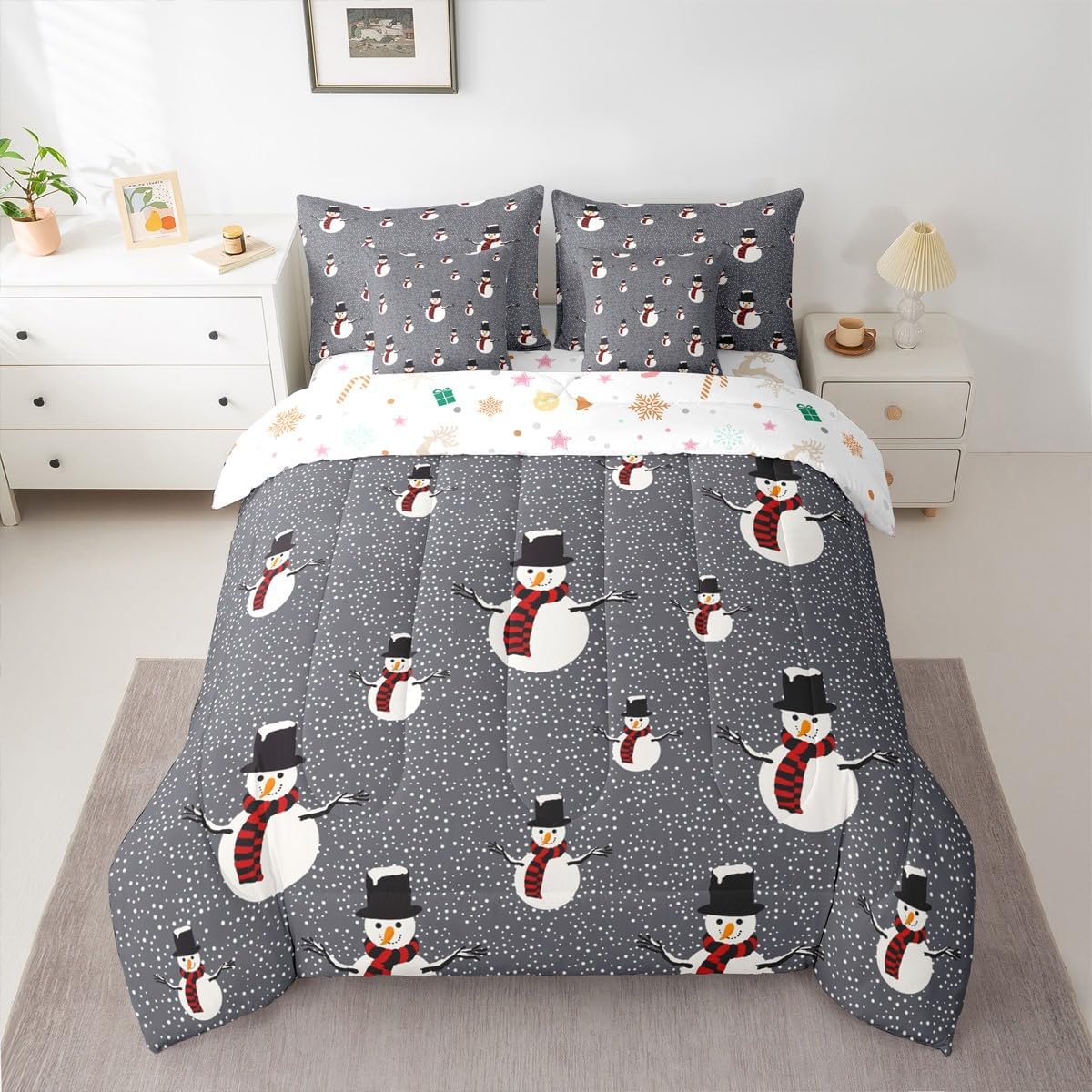 Pink Christmas 7 Piece Bedding Set Full Size Merry Christmas Snowman Bed in a Bag for Boys Girls Bedroom Decor Santa Claus Comforter Set with Sheets,Pillowcases & Cushion Cover Soft Xmas Tree Deer