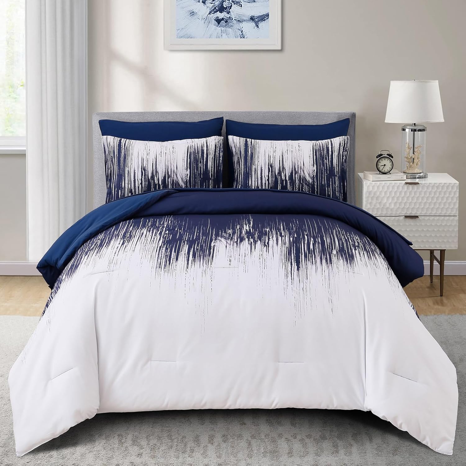Ombre Blue Comforter Set King Size Reversible Gradient Blue Grey Boho Bedding Set for Men Women 8 Pieces Bed in A Bag Bohemian Bed Set With Comforter, Sheets, Pillowcases & Shams, Cushion Cover