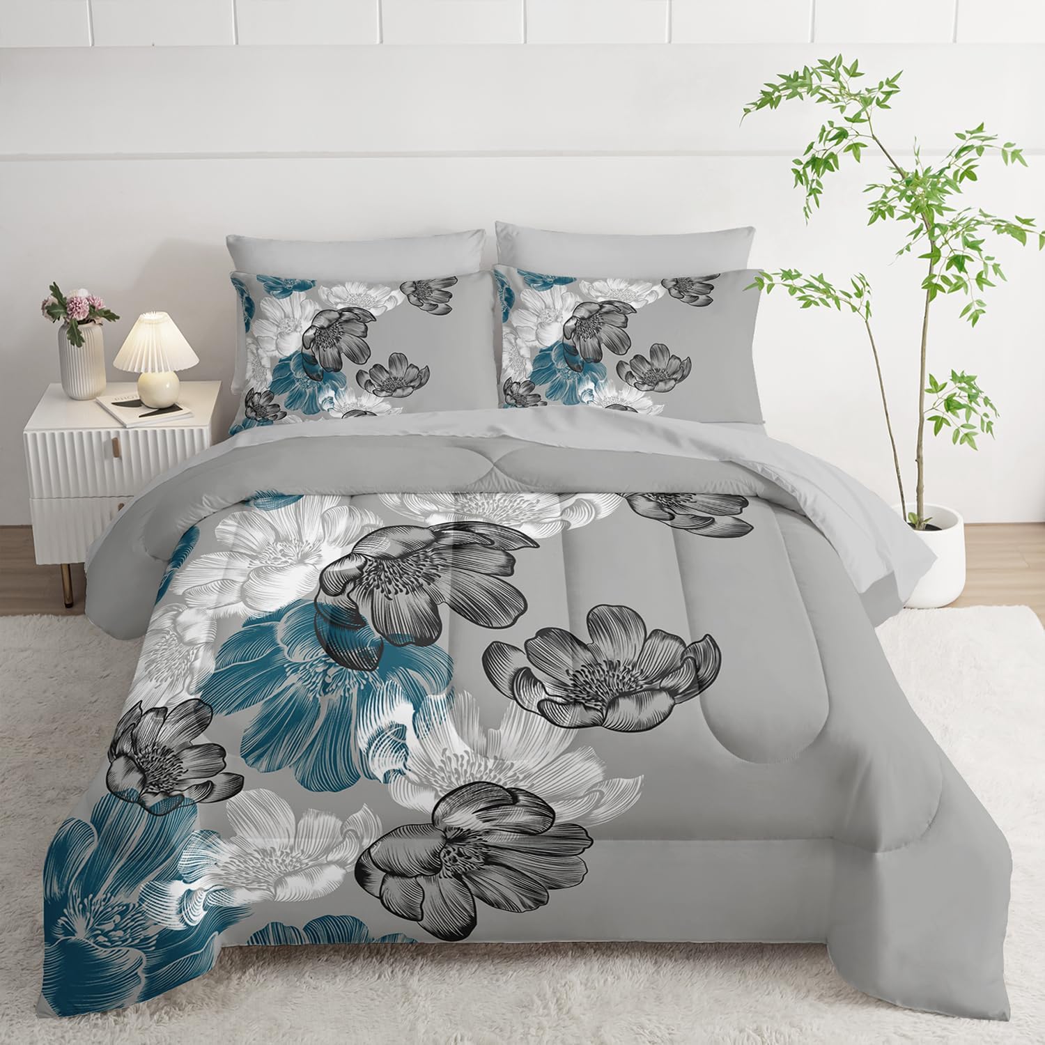 7pc Queen Comforter Set: Black & Gold Floral Bed in a Bag, Elegant Bedding with Sheets, Soft Microfiber, All Season Flower Design