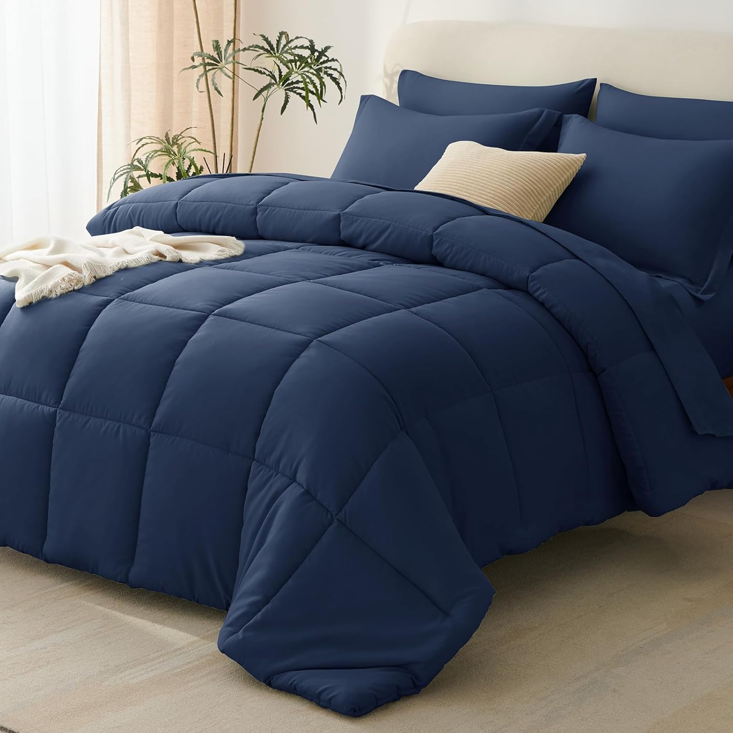 CozyLux Navy Blue Queen Comforter Set with Sheets - 7 Pieces Bed in a Bag Queen Bedding Sets, All Season Soft 7PC Bed Set with Navy Comforter, Flat Sheet, Fitted Sheet, Pillowcases & Pillow Shams