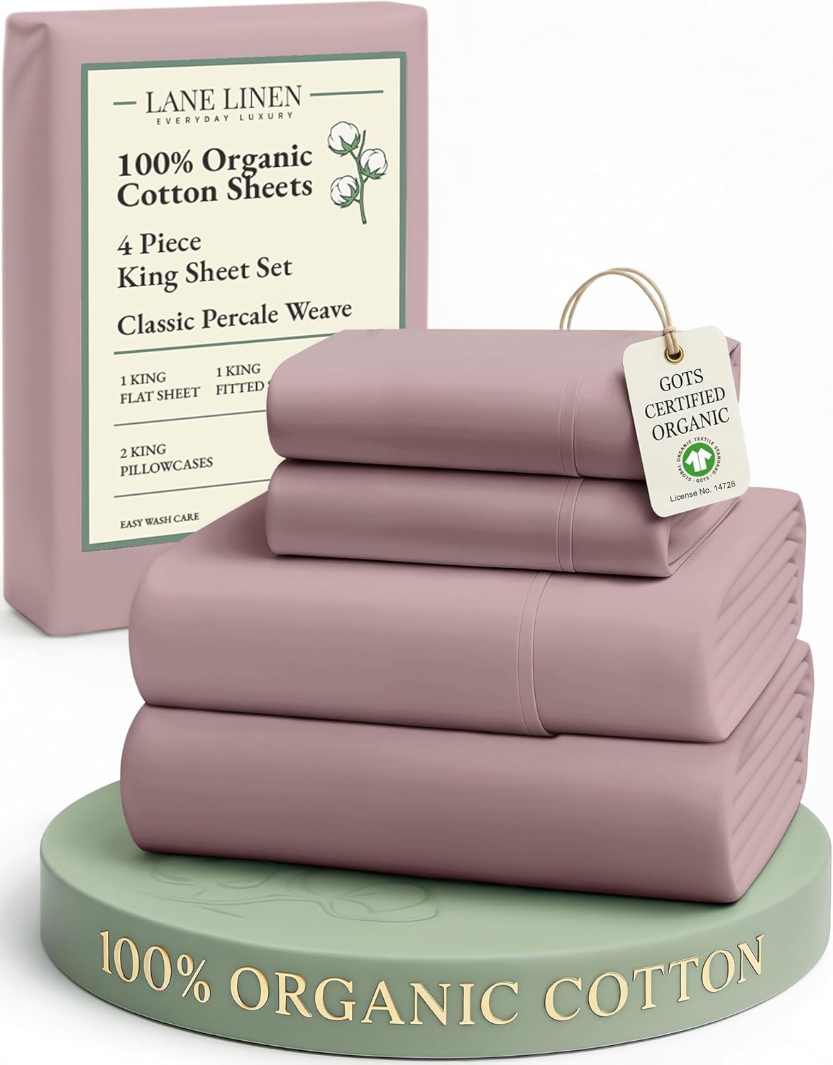 LANE LINEN 100% Organic Cotton King Size Sheets Set, Soft & Comfy All Season Breathable Sheets King Size, Percale Weave Fully Elasticized Eco Friendly Naturally Cooling King White Bed Sheets