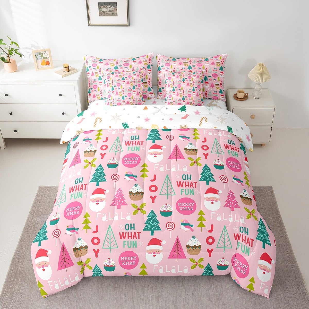 Pink Christmas 7 Piece Bedding Set Full Size Merry Christmas Snowman Bed in a Bag for Boys Girls Bedroom Decor Santa Claus Comforter Set with Sheets,Pillowcases & Cushion Cover Soft Xmas Tree Deer