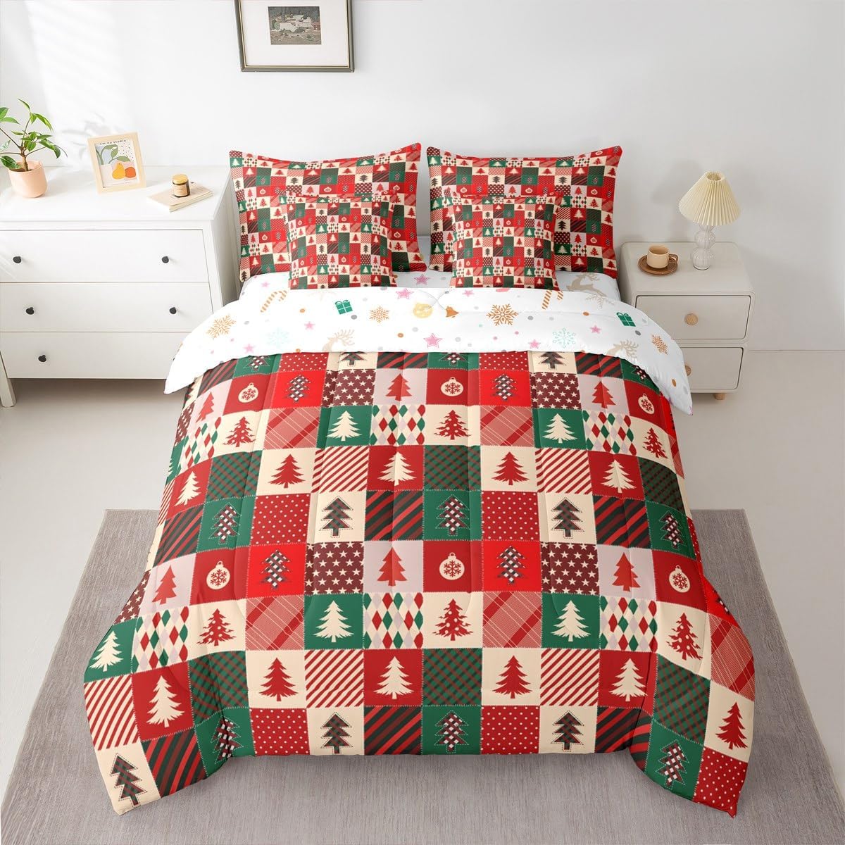 Pink Christmas 7 Piece Bedding Set Full Size Merry Christmas Snowman Bed in a Bag for Boys Girls Bedroom Decor Santa Claus Comforter Set with Sheets,Pillowcases & Cushion Cover Soft Xmas Tree Deer