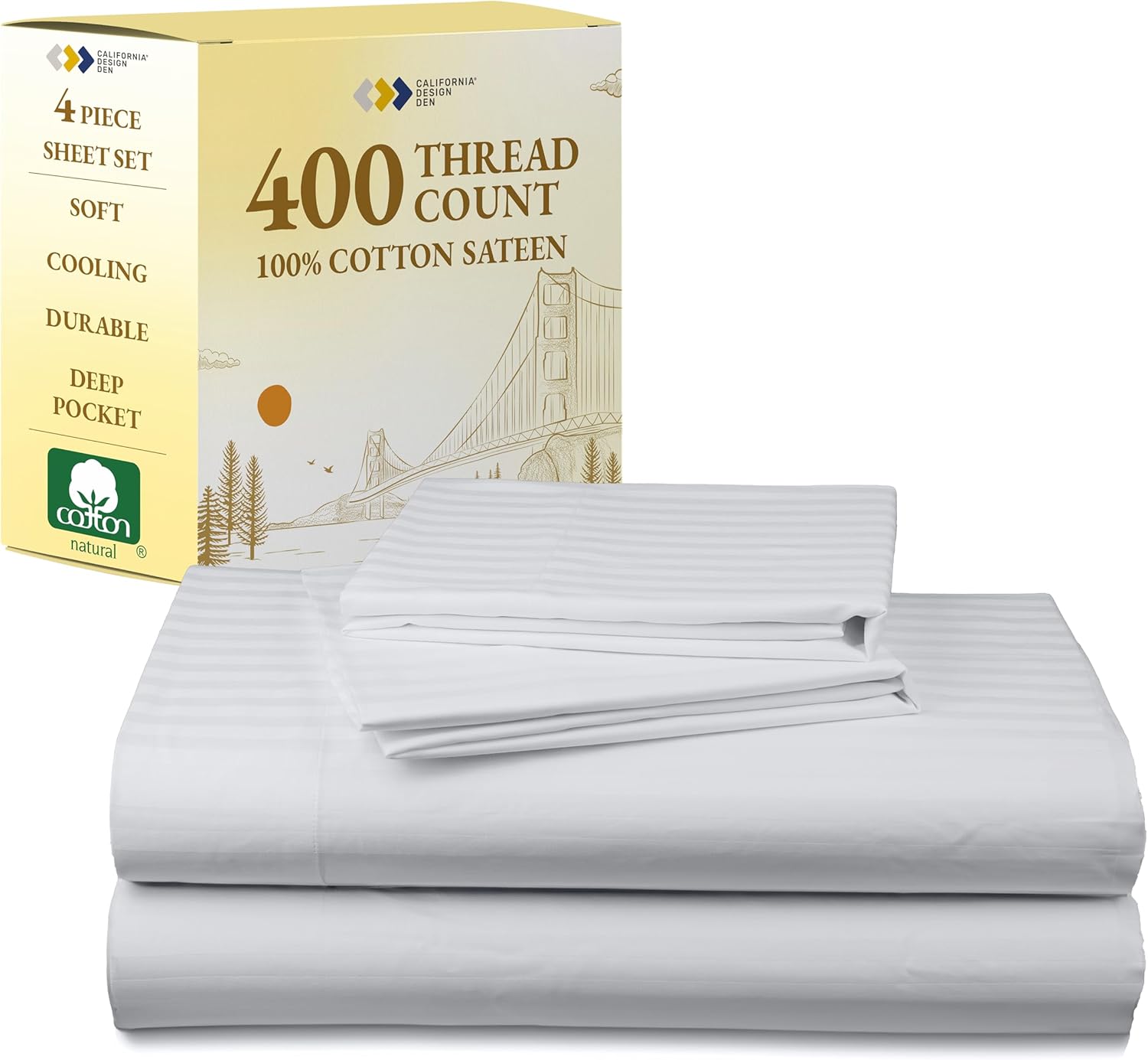California Design Den King Size Sheets Set - Soft 400 Thread Count Sateen, Natural 100% Cotton Sheets King Size, Deep Pockets with All Around Elastic for a Snug Fit, Cool & Durable Bedding - White