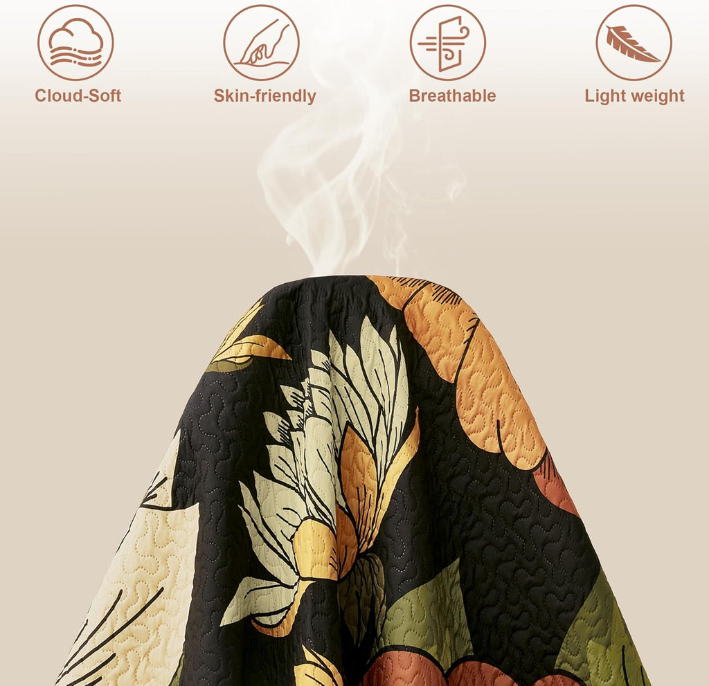 3 Piece Black Boho Floral Full/Queen Quilt Sets Reversible Farmhouse Botanical Lightweight Bedspread Coverlet with 2 Shams Mid Century Microfiber Fall Bedding Quilts Set for All Season,90''x96''