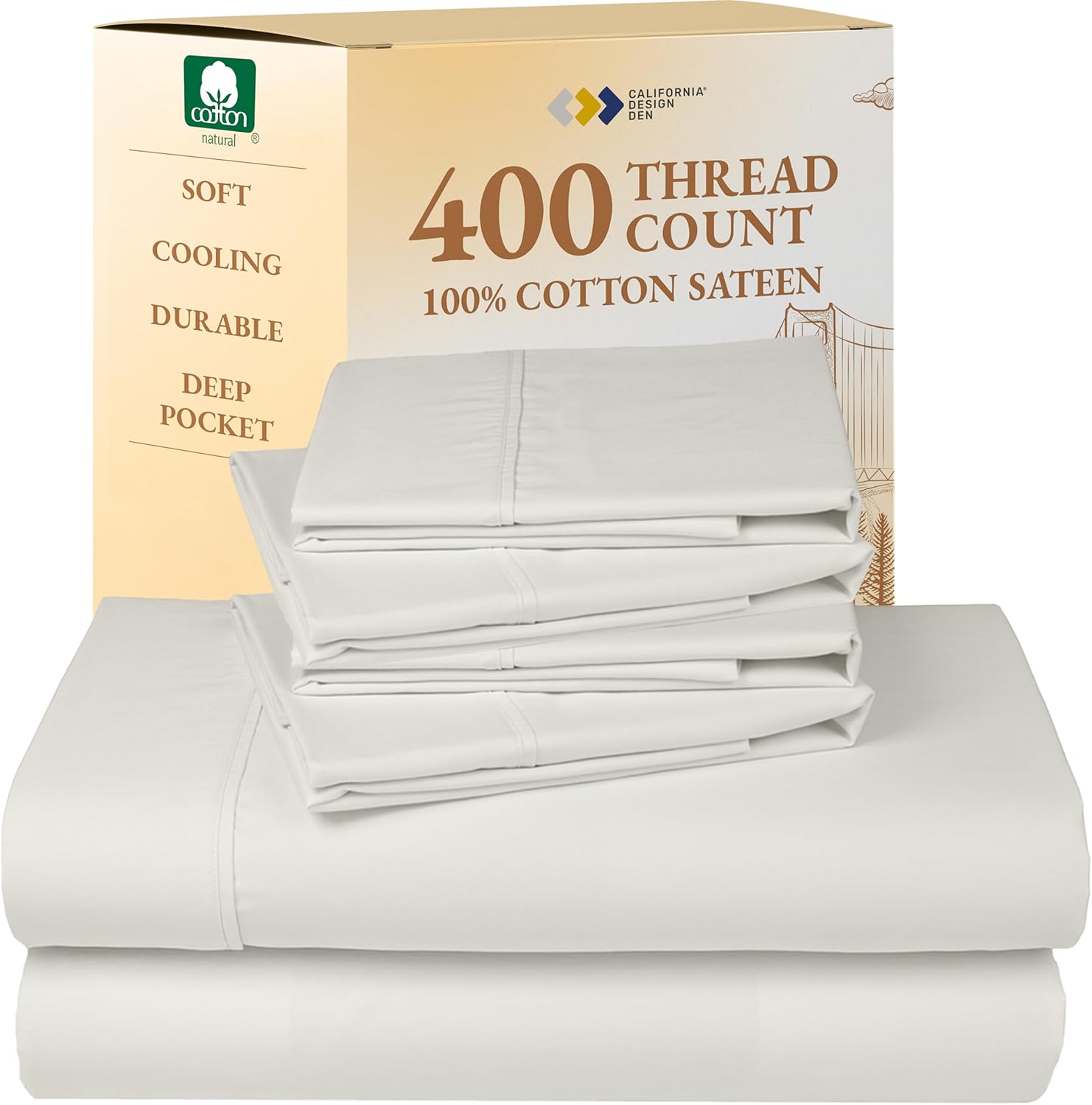 California Design Den King Size Sheets Set - Soft 400 Thread Count Sateen, Natural 100% Cotton Sheets King Size, Deep Pockets with All Around Elastic for a Snug Fit, Cool & Durable Bedding - White