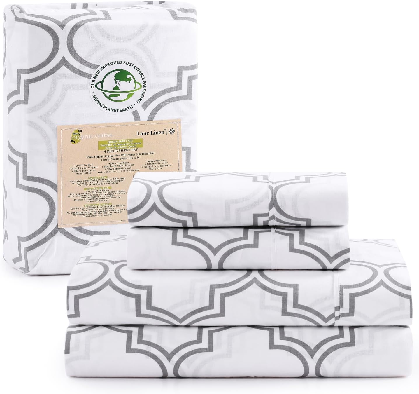 LANE LINEN 100% Organic Cotton King Size Sheets Set, Soft & Comfy All Season Breathable Sheets King Size, Percale Weave Fully Elasticized Eco Friendly Naturally Cooling King White Bed Sheets