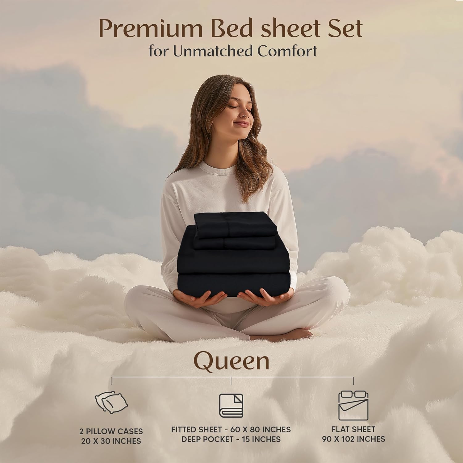 Utopia Bedding Queen Sheet Set – 4 Piece Bed Sheets for Queen Size Bed, Soft and Breathable Microfiber, Includes 1 Fitted Sheet, 1 Flat Sheet and 2 Pillowcases (Black)