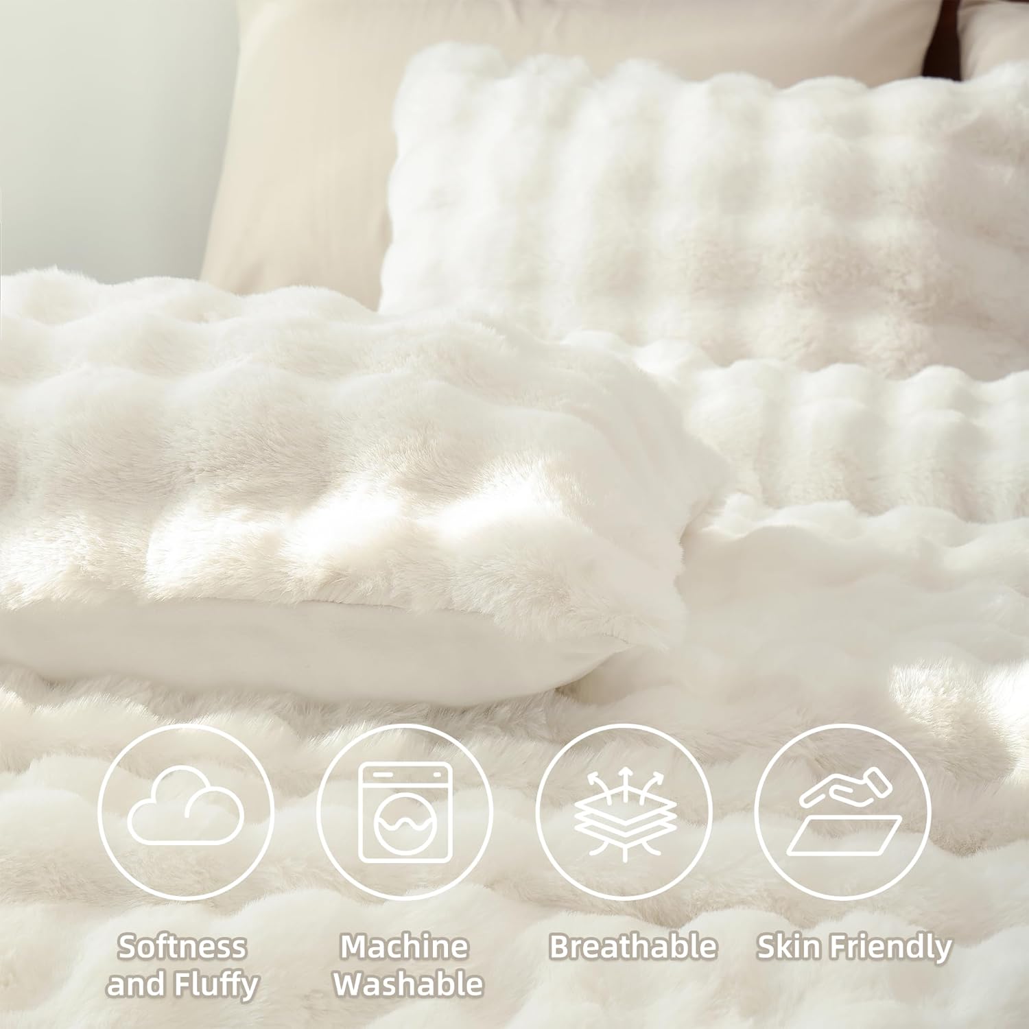 YIKUSH White Comforter Set Full – Ultra Soft & Warm Faux Fur Comforter for Winter, Elegant Fluffy Cream Comforter with Pillowcases, Cozy White Full Bedding Set