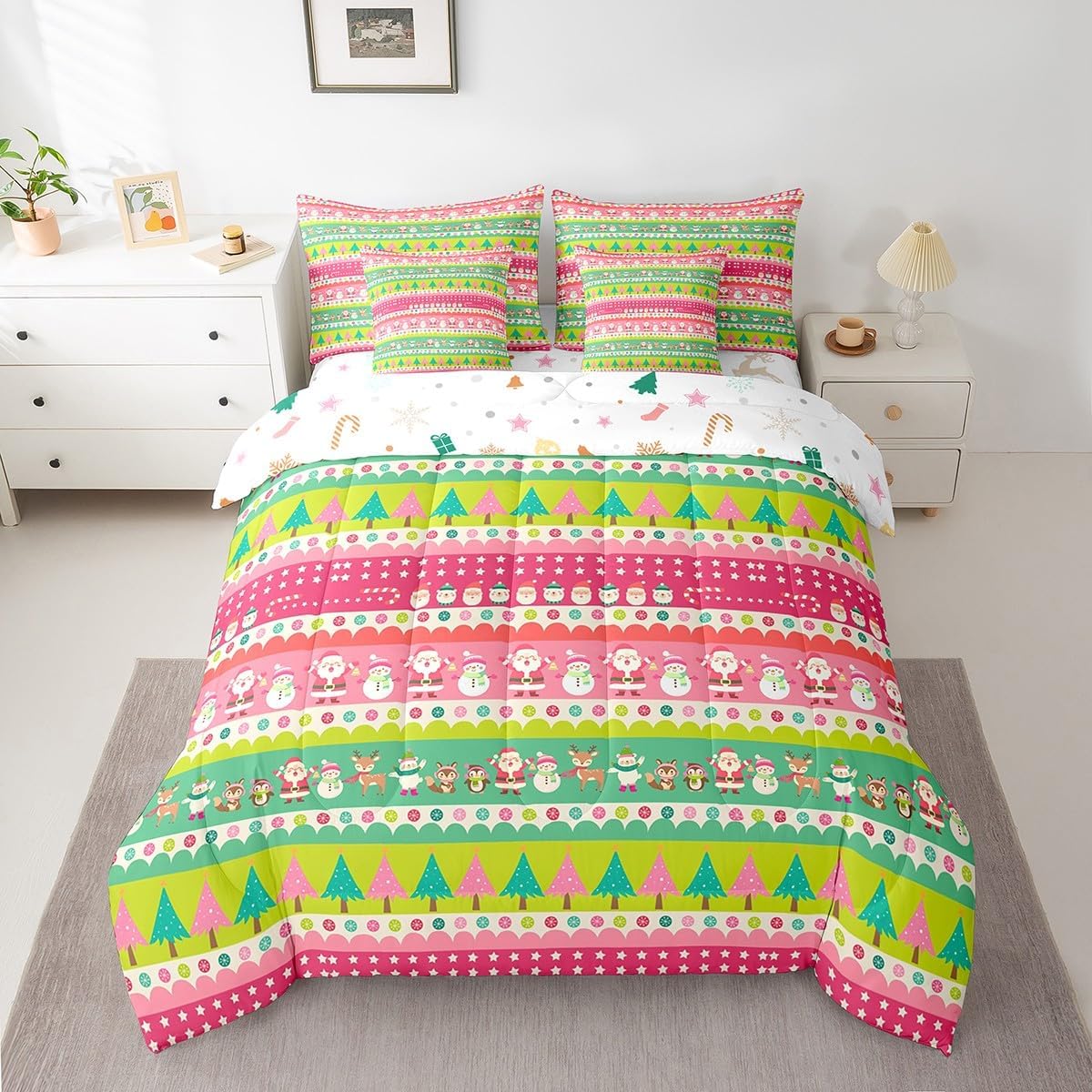 Pink Christmas 7 Piece Bedding Set Full Size Merry Christmas Snowman Bed in a Bag for Boys Girls Bedroom Decor Santa Claus Comforter Set with Sheets,Pillowcases & Cushion Cover Soft Xmas Tree Deer