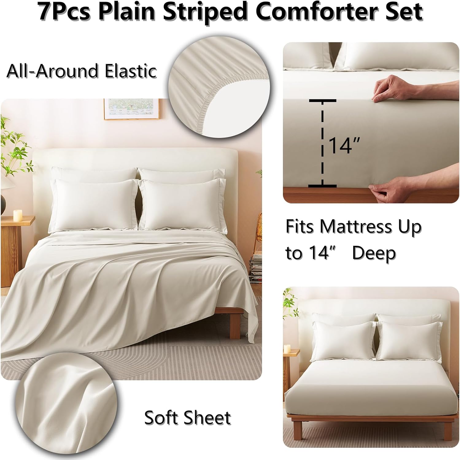 CozyLux Queen Comforter Set - 7 Pieces Bed in a Bag Beige Comforters Queen Size Bed Set, Soft Bedding Set with All Seasons Comforter, Sheets, Pillowcases & Shams