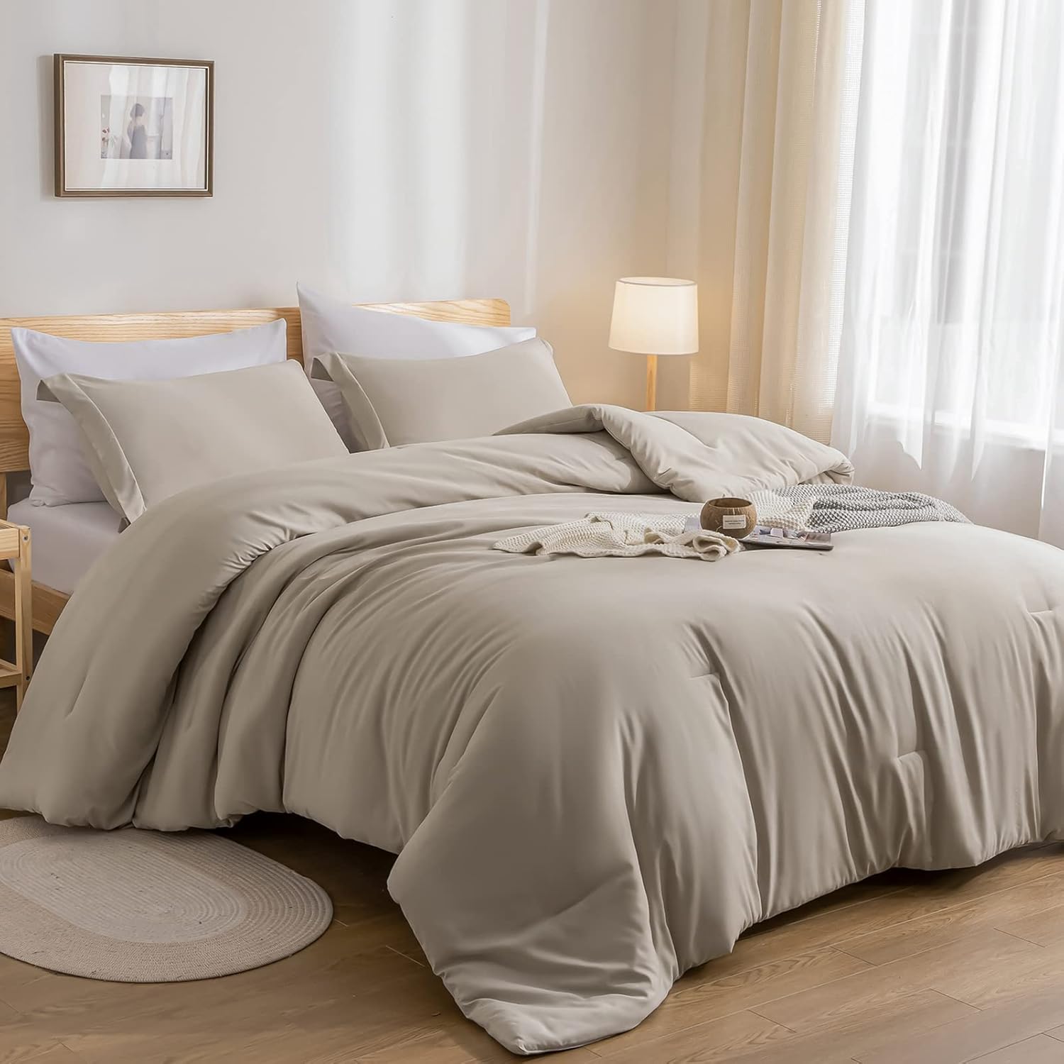 weigelia King Size Comforter Set 7 Pieces Oatmeal Comforter Set King Bed in a Bag Soft Fluffy Bedding Comforter with Sheets, Pillow Shams and Pillowcases for All Season