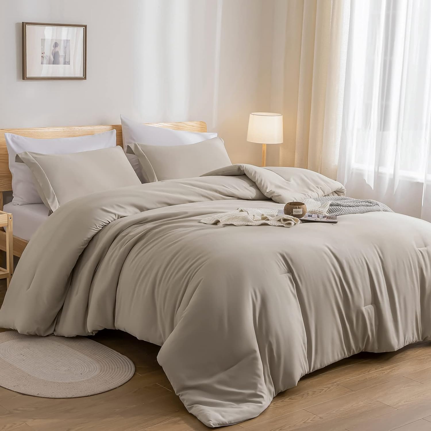 weigelia King Size Comforter Set 7 Pieces Oatmeal Comforter Set King Bed in a Bag Soft Fluffy Bedding Comforter with Sheets, Pillow Shams and Pillowcases for All Season