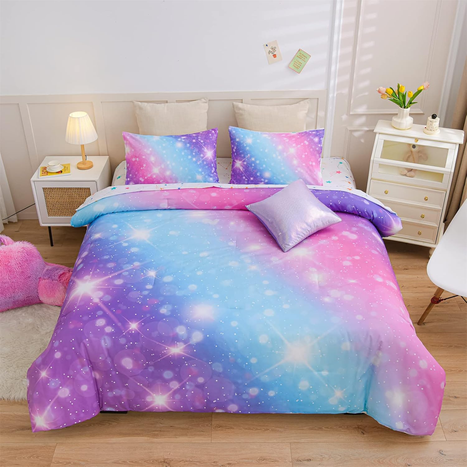 A Nice Night 6Pcs Gradient Glitter Bedding Set for Girls Full Size, Colorful Rainbow Galaxy Comforter Set, Ultra Soft Bedding Sets, Pink
