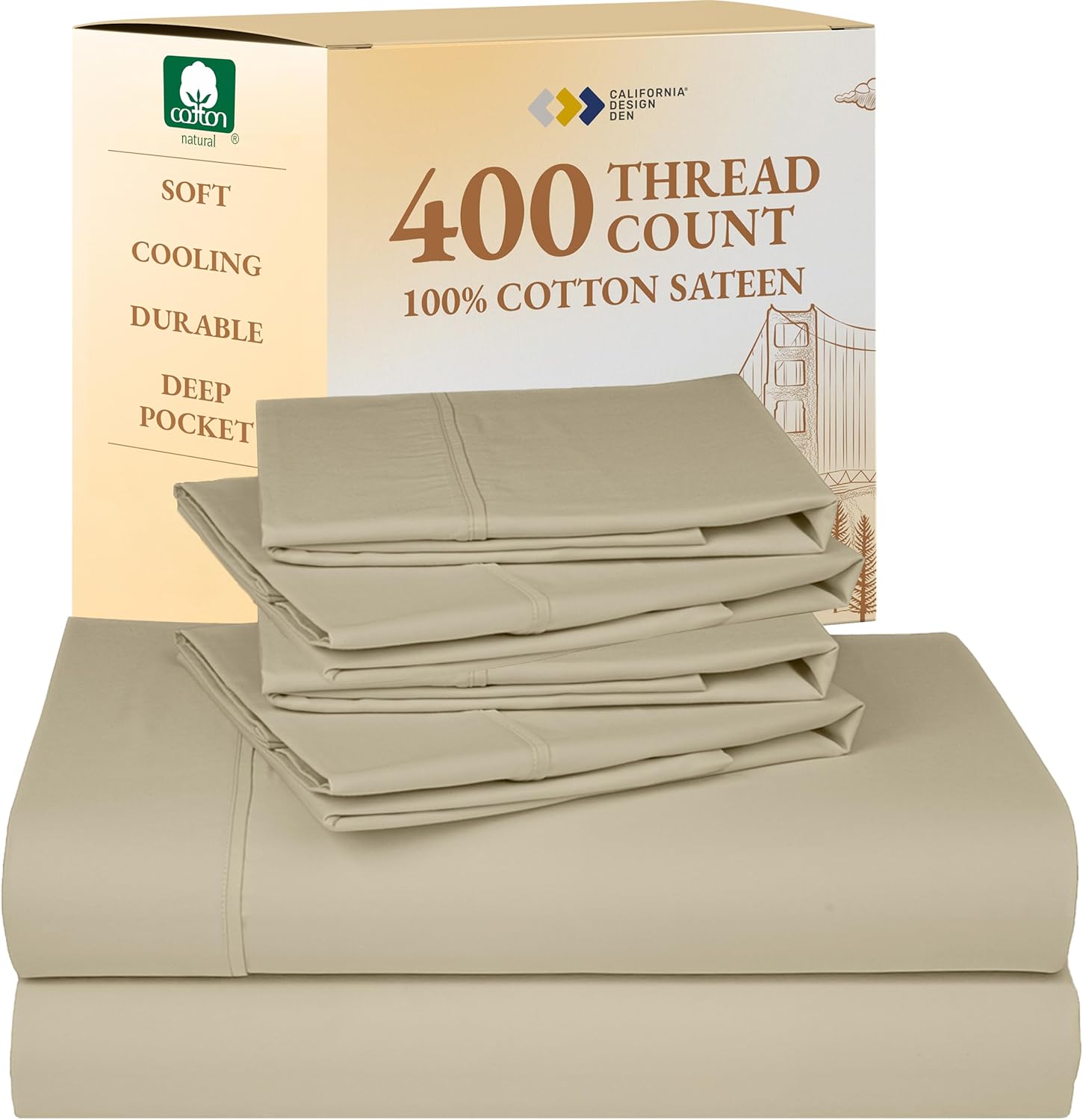 California Design Den King Size Sheets Set - Soft 400 Thread Count Sateen, Natural 100% Cotton Sheets King Size, Deep Pockets with All Around Elastic for a Snug Fit, Cool & Durable Bedding - White