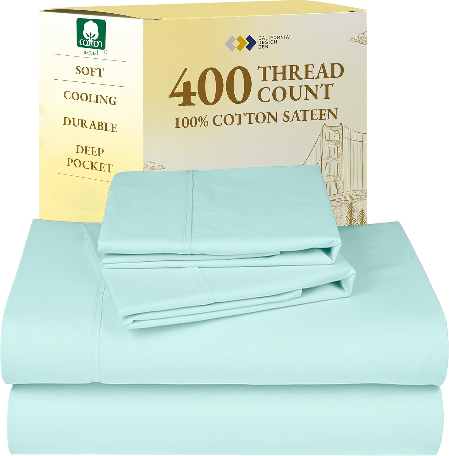 California Design Den King Size Sheets Set - Soft 400 Thread Count Sateen, Natural 100% Cotton Sheets King Size, Deep Pockets with All Around Elastic for a Snug Fit, Cool & Durable Bedding - White