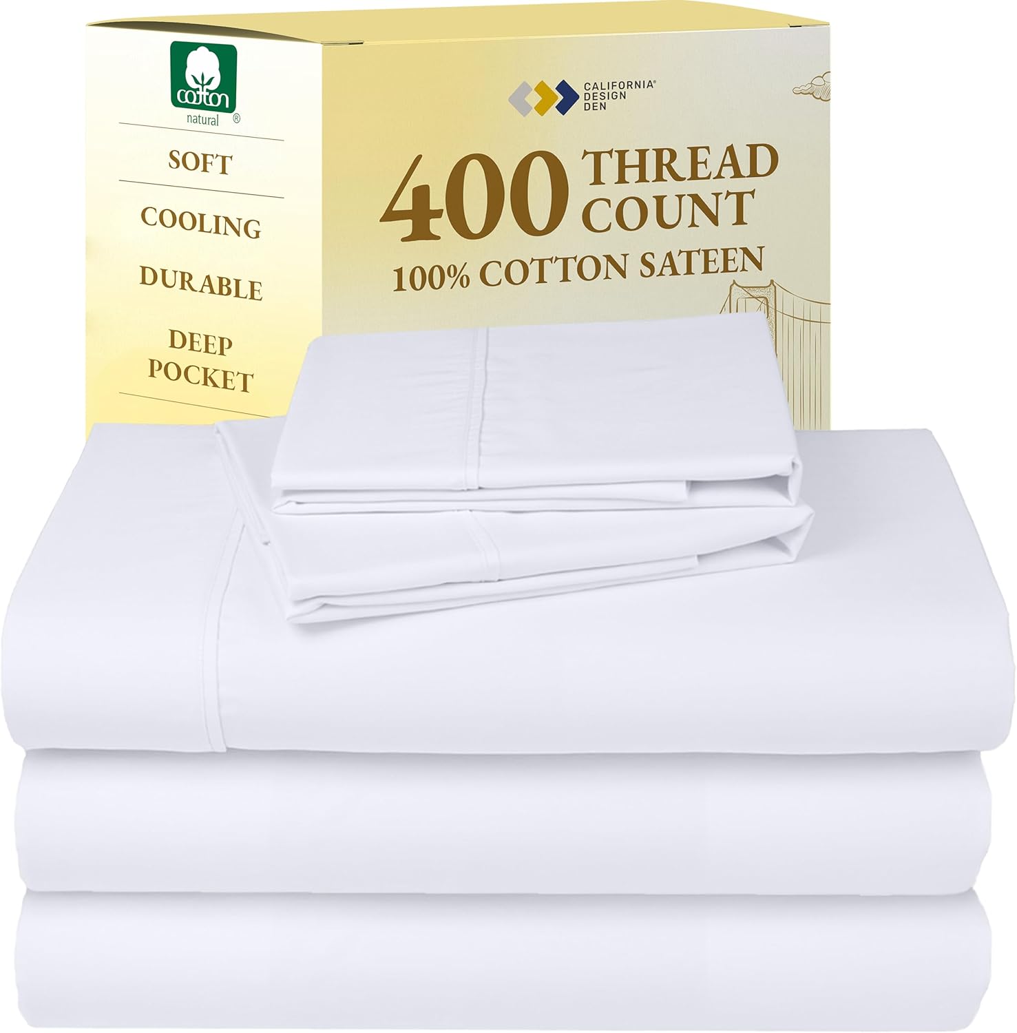 California Design Den King Size Sheets Set - Soft 400 Thread Count Sateen, Natural 100% Cotton Sheets King Size, Deep Pockets with All Around Elastic for a Snug Fit, Cool & Durable Bedding - White