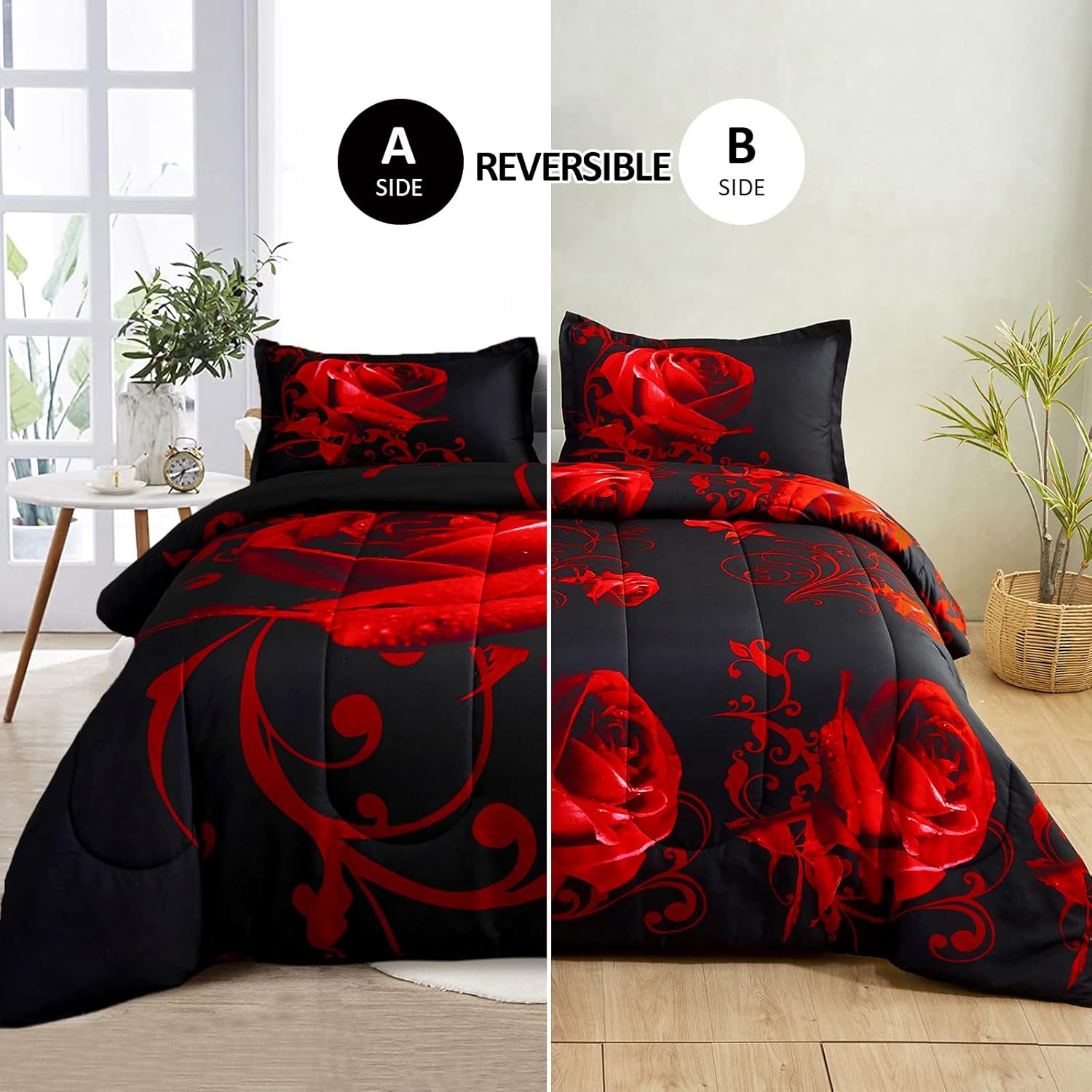 WONGS BEDDING Red Comforter Set Queen Reversible Red Rose Pattern Printed Bedding Down Comforter with 2 Pillowcases for All Seasons, Soft Microfiber Lightweight Bedding Set 90"x90"