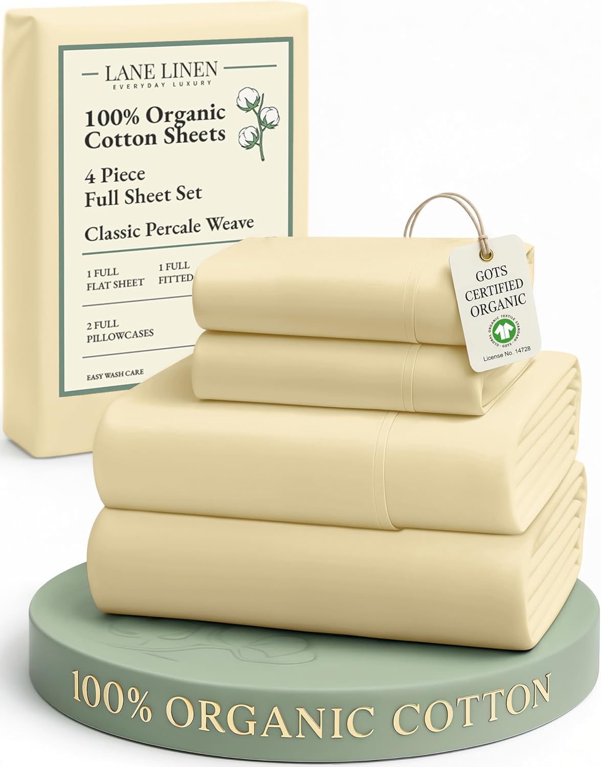 LANE LINEN 100% Organic Cotton King Size Sheets Set, Soft & Comfy All Season Breathable Sheets King Size, Percale Weave Fully Elasticized Eco Friendly Naturally Cooling King White Bed Sheets