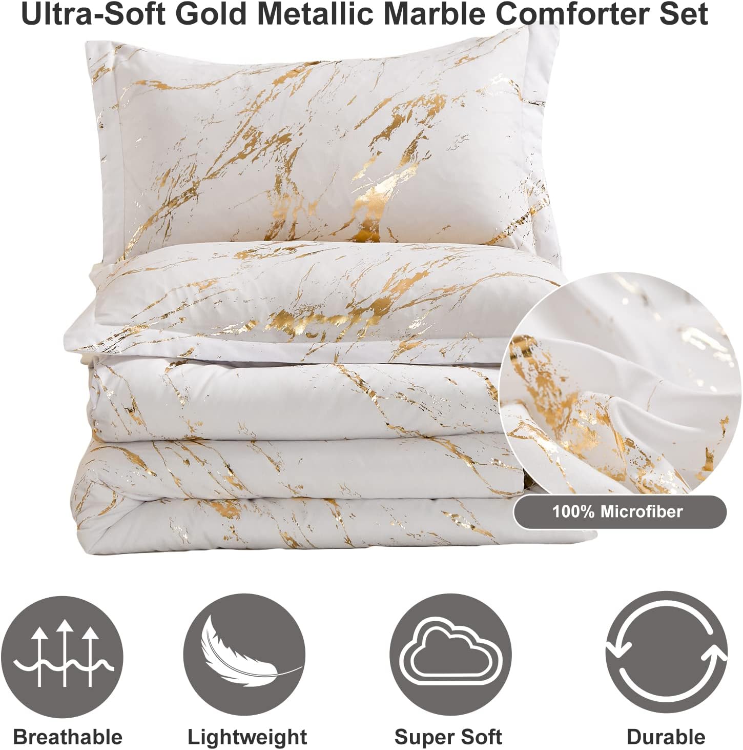 WONGS BEDDING White Gold Metallic Marble Comforter Set Queen Foil Print Glitter Bedding Sets with 2 Pillowcases for All Seasons, Soft Microfiber Filling Bedding Duvet Set 90"x90"