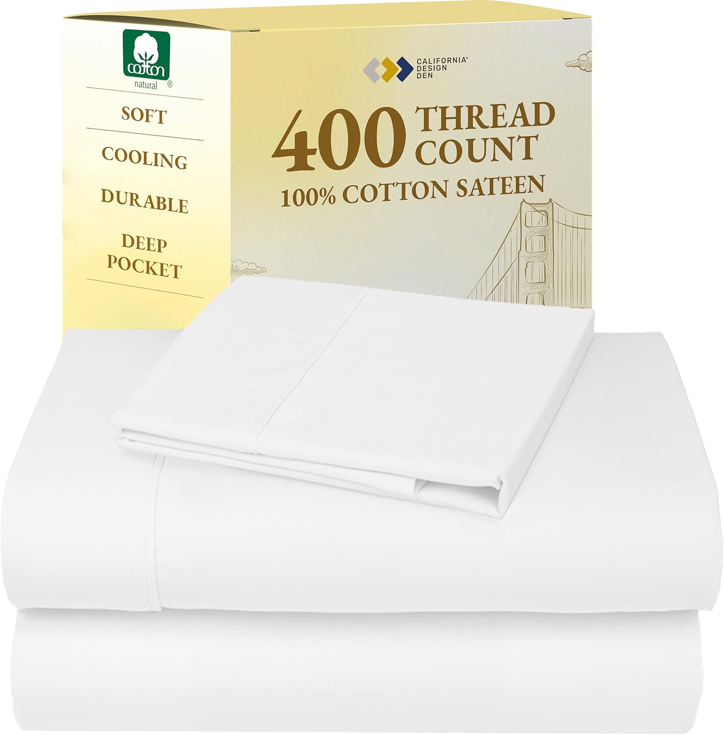 California Design Den King Size Sheets Set - Soft 400 Thread Count Sateen, Natural 100% Cotton Sheets King Size, Deep Pockets with All Around Elastic for a Snug Fit, Cool & Durable Bedding - White