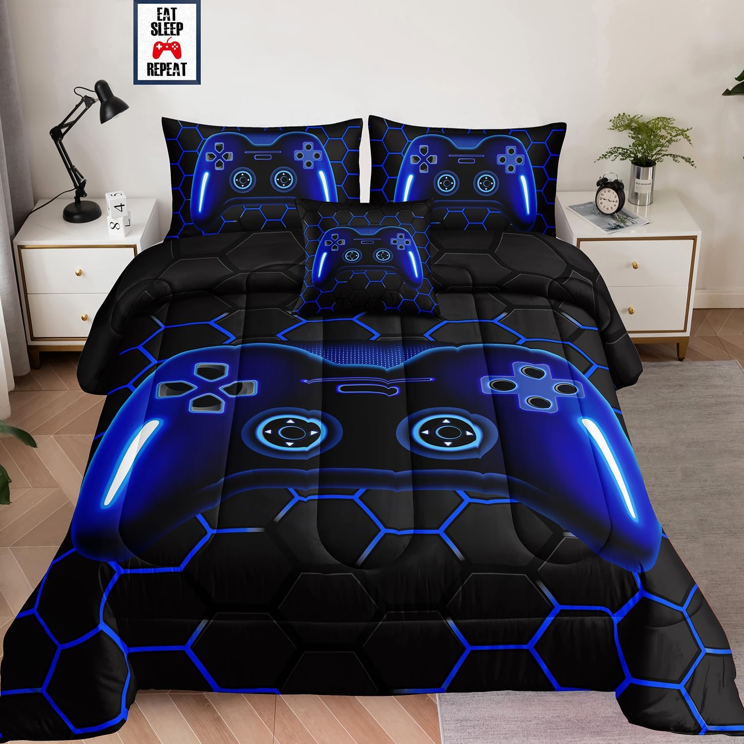 6 Pieces Bed in a Bag for Boys Bedding Sets Queen Size,Gamer Comforter Sets for Boys Kids, Gaming Comforter Set for Teens Room Decor with Flat Sheet,Fitted Sheet,Pillowcase,Cushion Cover