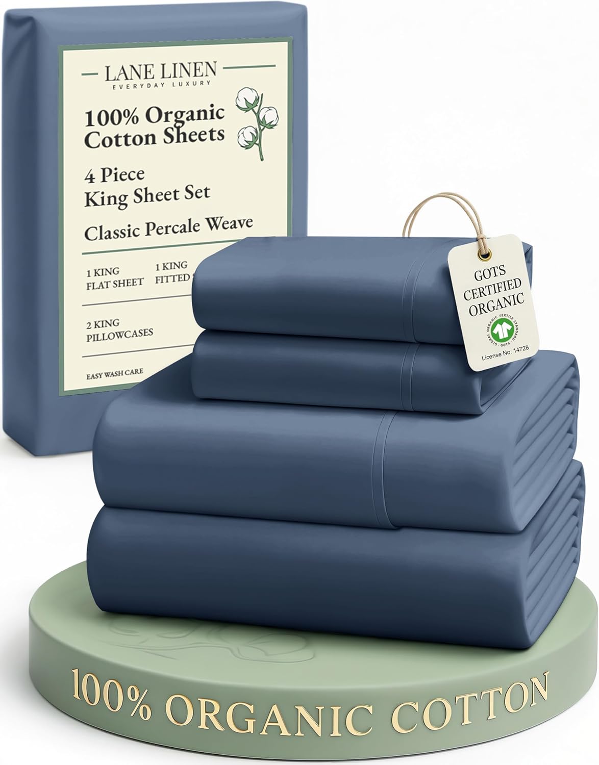 LANE LINEN 100% Organic Cotton King Size Sheets Set, Soft & Comfy All Season Breathable Sheets King Size, Percale Weave Fully Elasticized Eco Friendly Naturally Cooling King White Bed Sheets