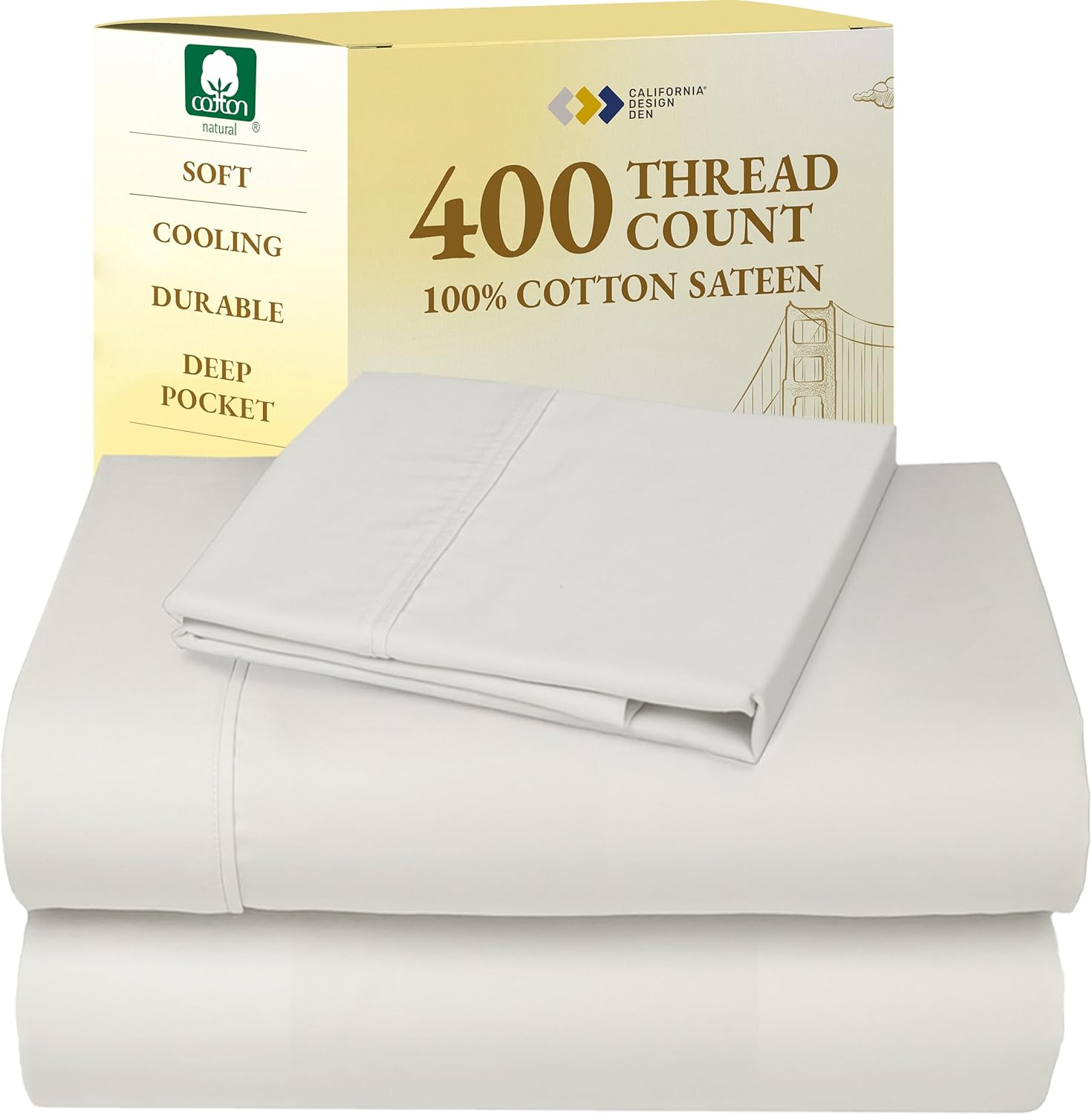 California Design Den King Size Sheets Set - Soft 400 Thread Count Sateen, Natural 100% Cotton Sheets King Size, Deep Pockets with All Around Elastic for a Snug Fit, Cool & Durable Bedding - White