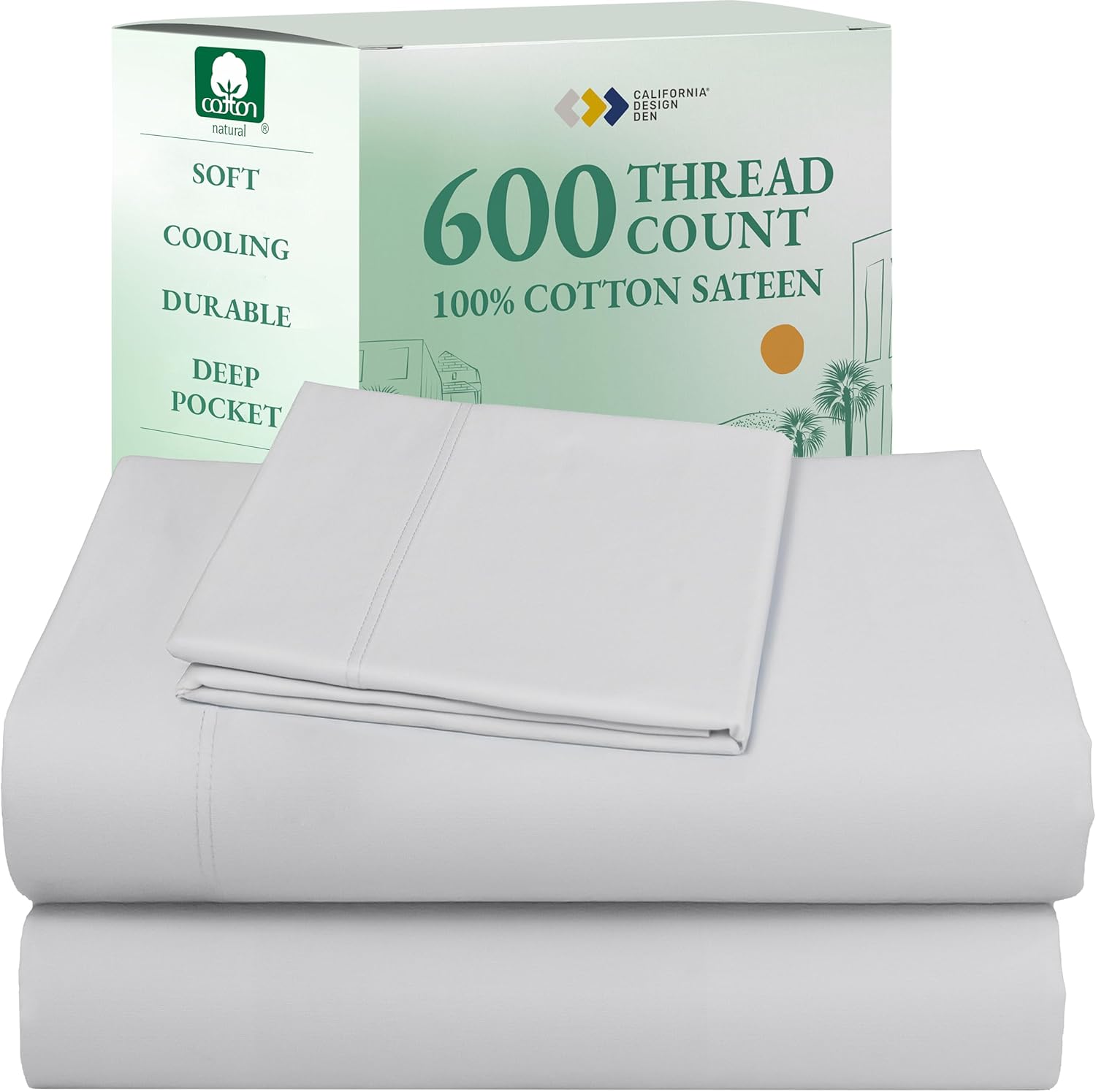 California Design Den Queen Sheet Set - Luxury 600 Thread Count Sateen, 100% Cotton Deep Pocket Queen Sheets with All Around Elastic, Snug Fit, Hotel Quality Bedding Set - White