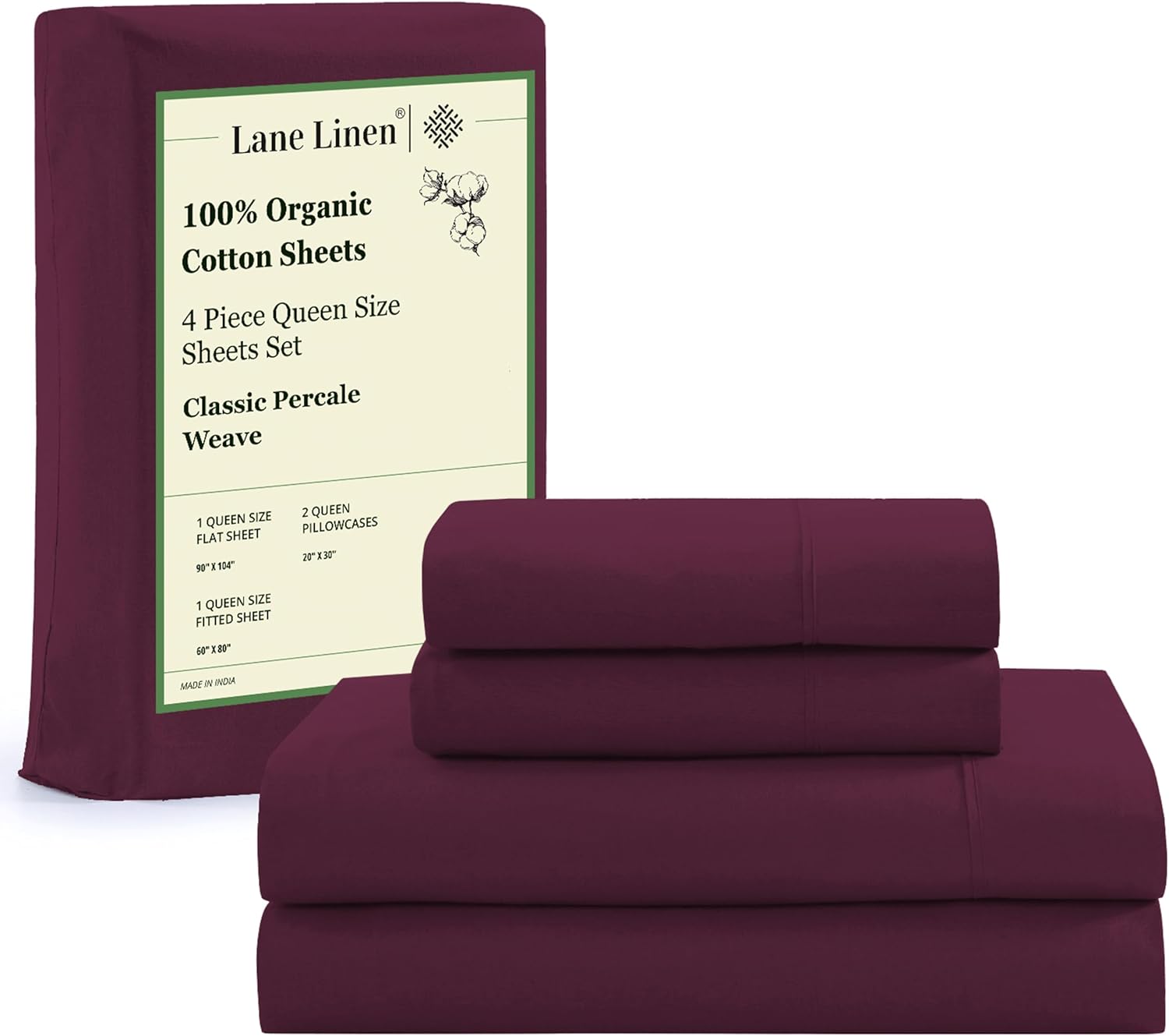 LANE LINEN 100% Organic Cotton King Size Sheets Set, Soft & Comfy All Season Breathable Sheets King Size, Percale Weave Fully Elasticized Eco Friendly Naturally Cooling King White Bed Sheets