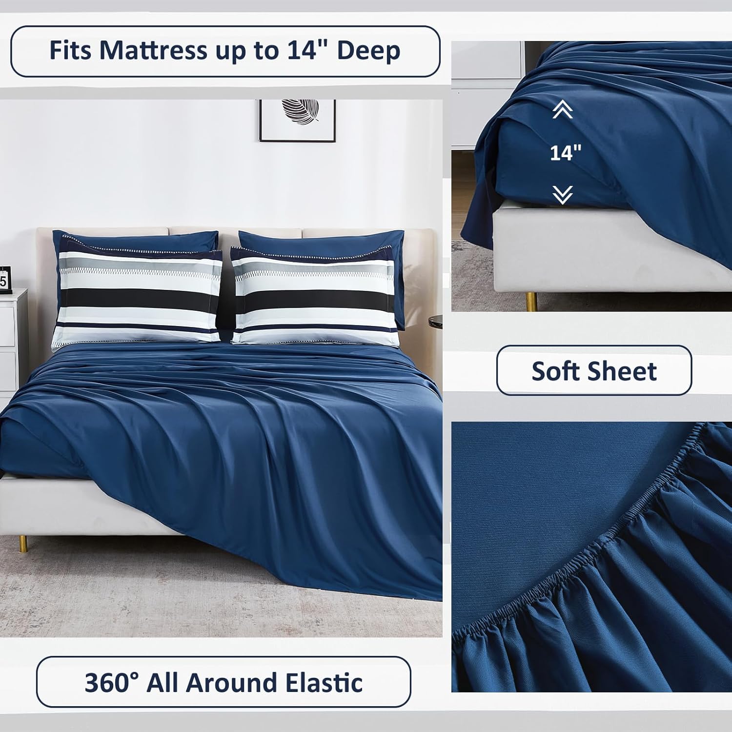 WONGS BEDDING Queen Comforter Set, 7 Pieces Blue Comforter Set Queen, Soft Striped Bed in a Bag Bedding Set with Comforter, Flat Sheet, Fitted Sheet, Pillow Shams, Pillowcase