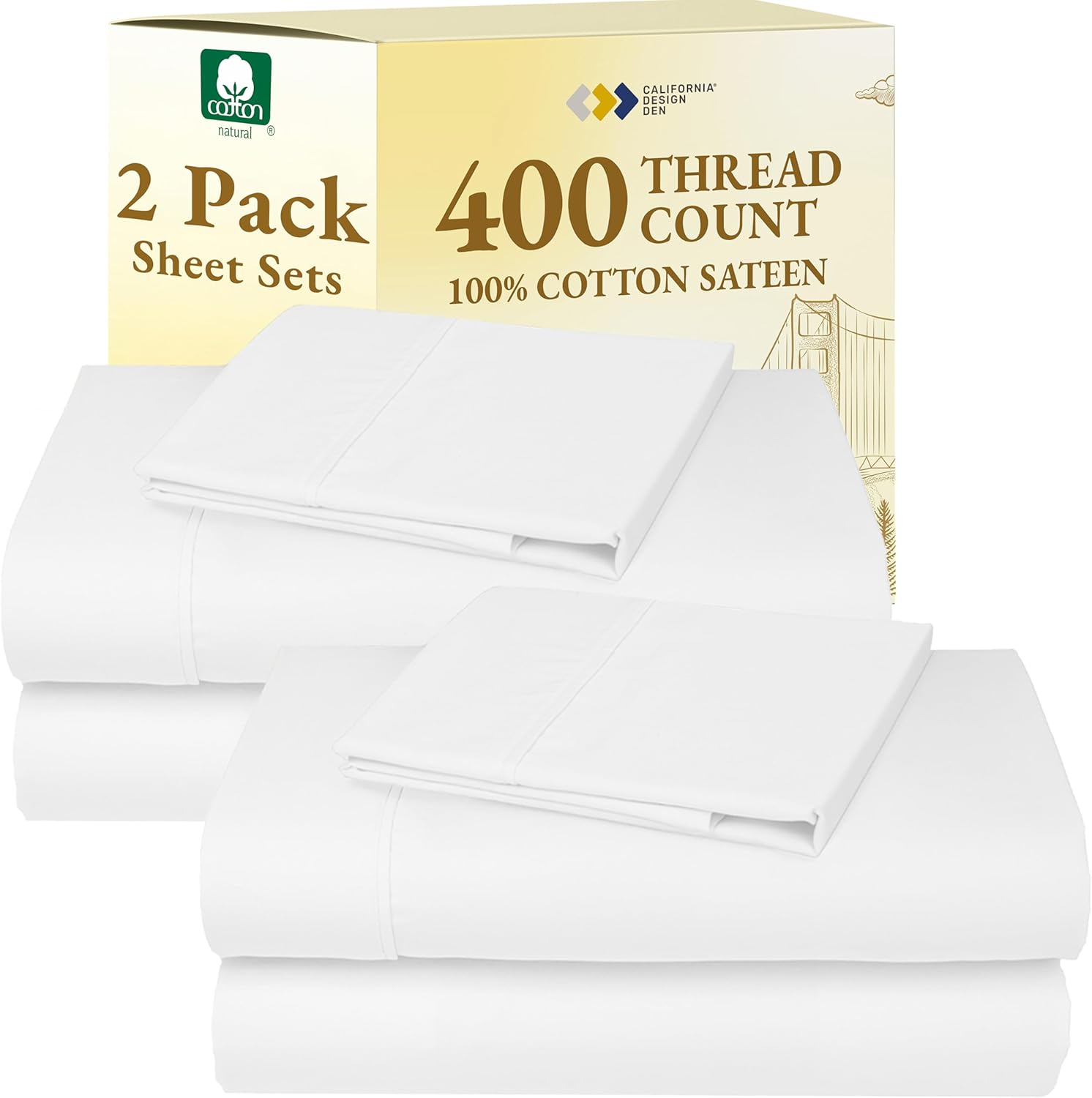 California Design Den King Size Sheets Set - Soft 400 Thread Count Sateen, Natural 100% Cotton Sheets King Size, Deep Pockets with All Around Elastic for a Snug Fit, Cool & Durable Bedding - White