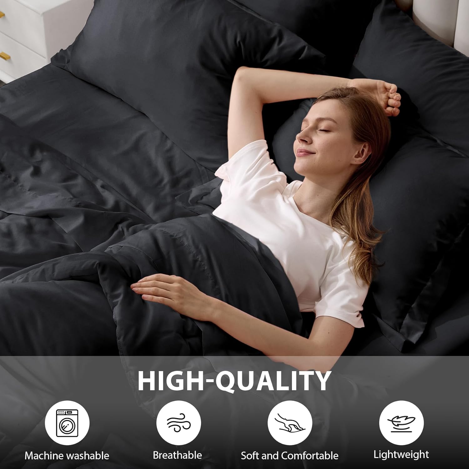 Queen Comforter Set Black - Bed in a Bag Queen Size 7 Pieces, Soft Bedding Set for All Seasons, Premium Queen Comforter Set with Comforter, Sheets, Pillowcases & Shams
