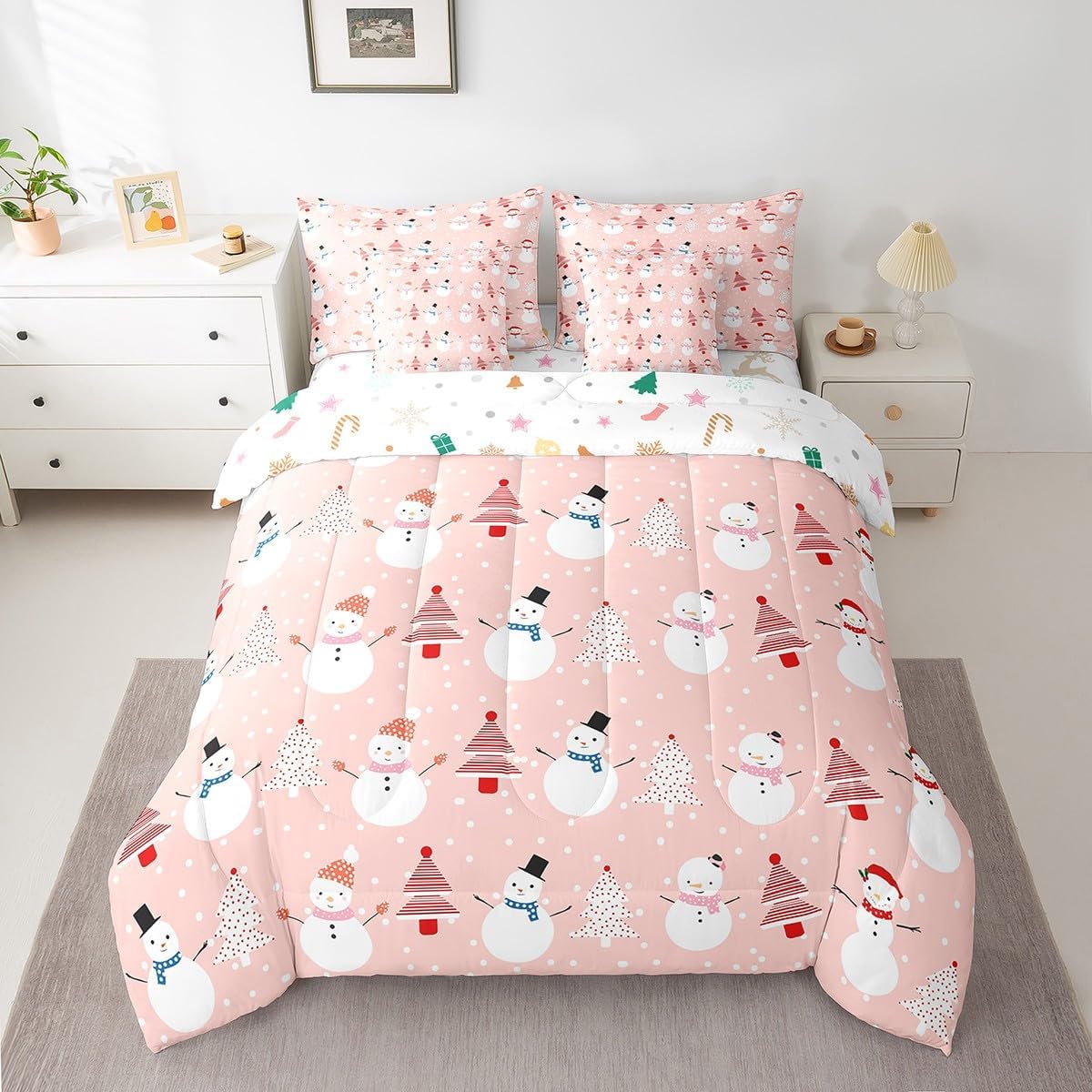 Pink Christmas 7 Piece Bedding Set Full Size Merry Christmas Snowman Bed in a Bag for Boys Girls Bedroom Decor Santa Claus Comforter Set with Sheets,Pillowcases & Cushion Cover Soft Xmas Tree Deer