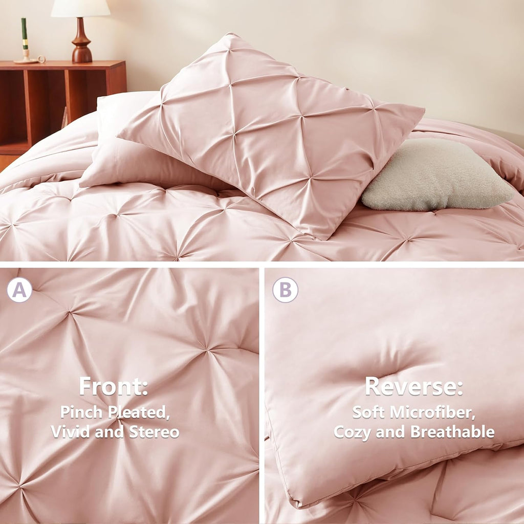 CozyLux Full Size Comforter Sets Blush Pink, 7 Pieces Pintuck Bed in A Bag Pink Comforter Full Size, Pinch Pleat Bedding Sets with All Season Comforter, Sheets, Pillowcases & Shams