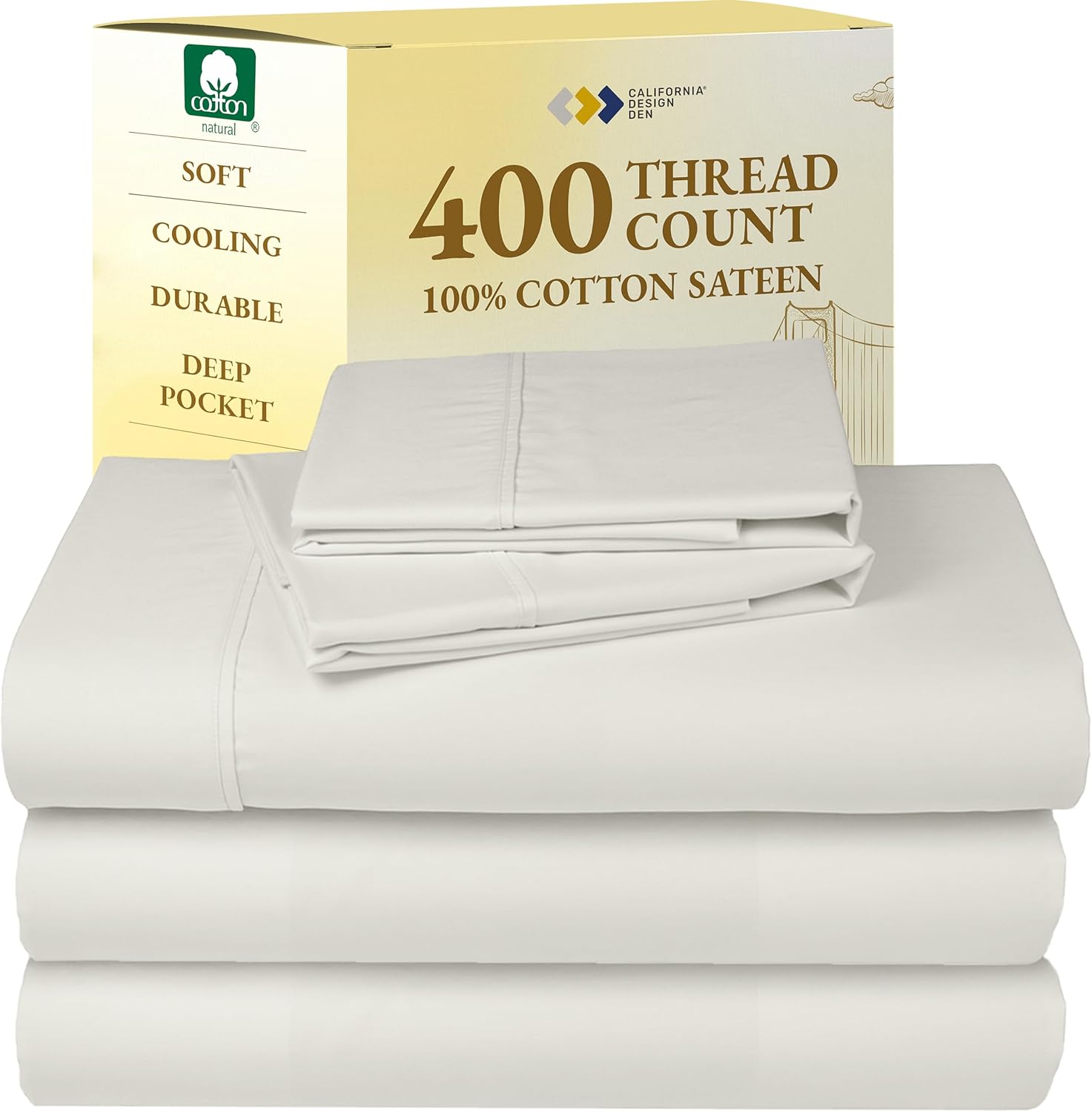 California Design Den King Size Sheets Set - Soft 400 Thread Count Sateen, Natural 100% Cotton Sheets King Size, Deep Pockets with All Around Elastic for a Snug Fit, Cool & Durable Bedding - White